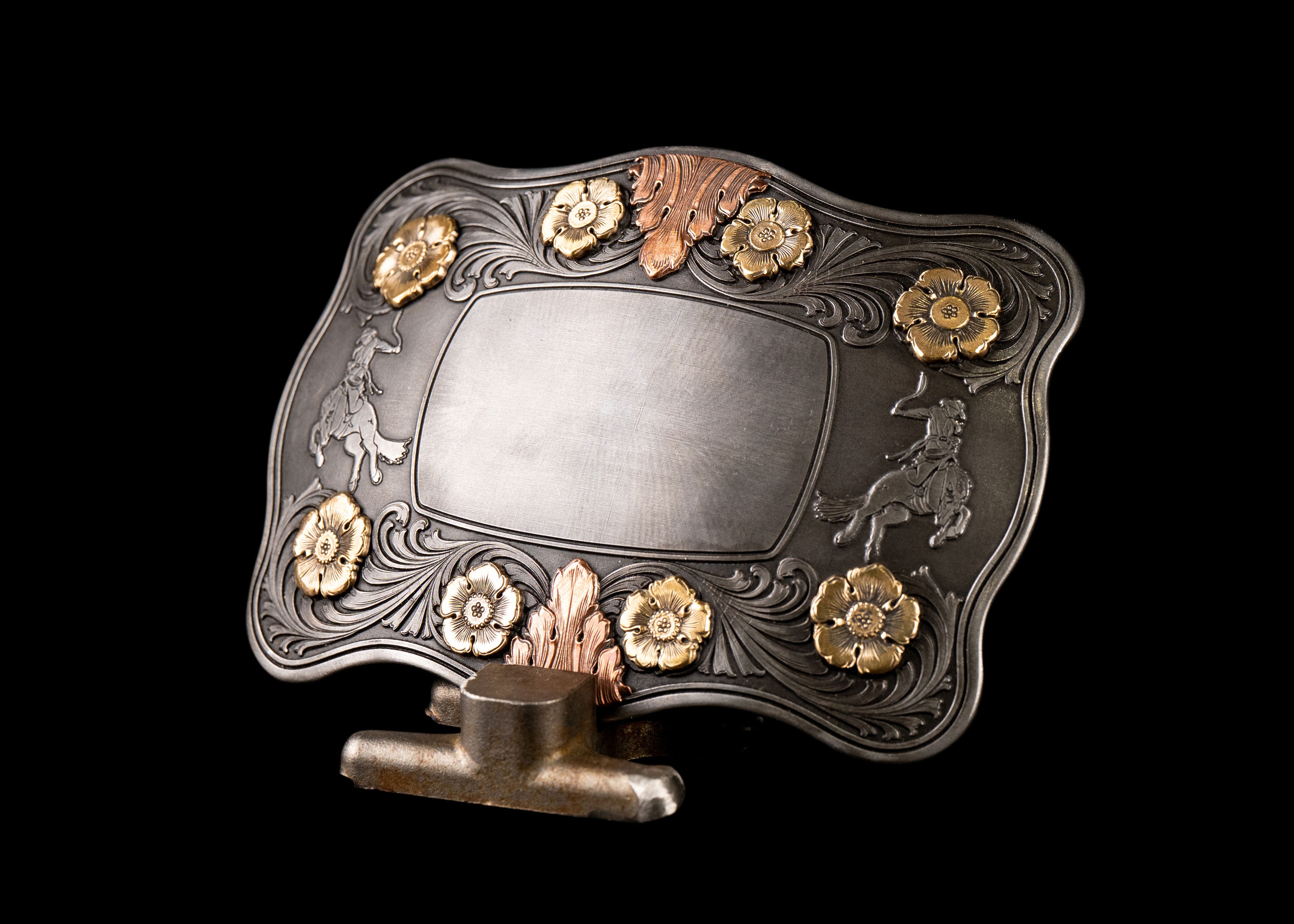 Chief Buckle Featuring Floral and Scroll Border with Bucking Horses