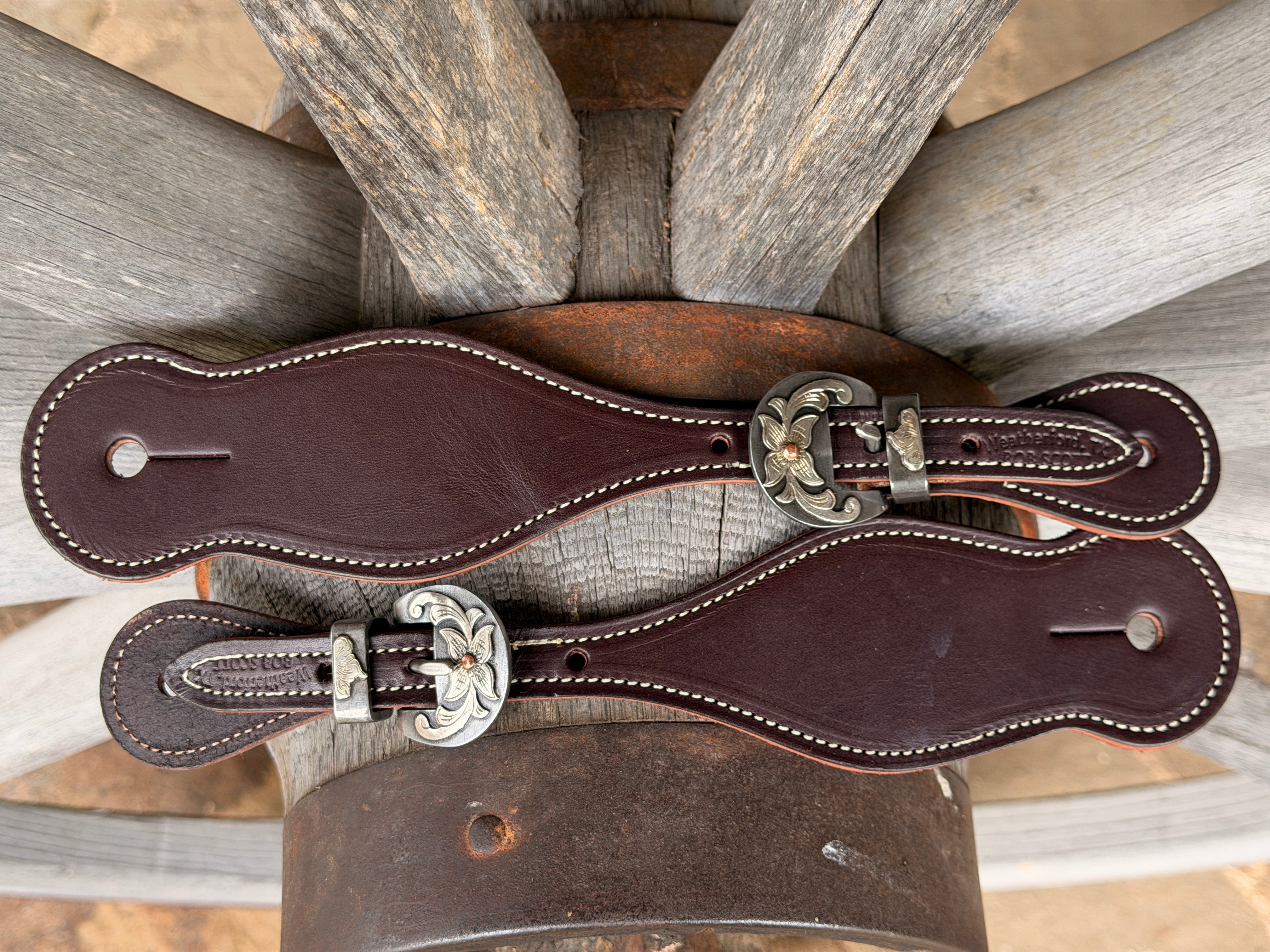 Bob Scott Round Smooth Chocolate Spur Straps w/ 4 Point Flower Kerry Kelley Buckles