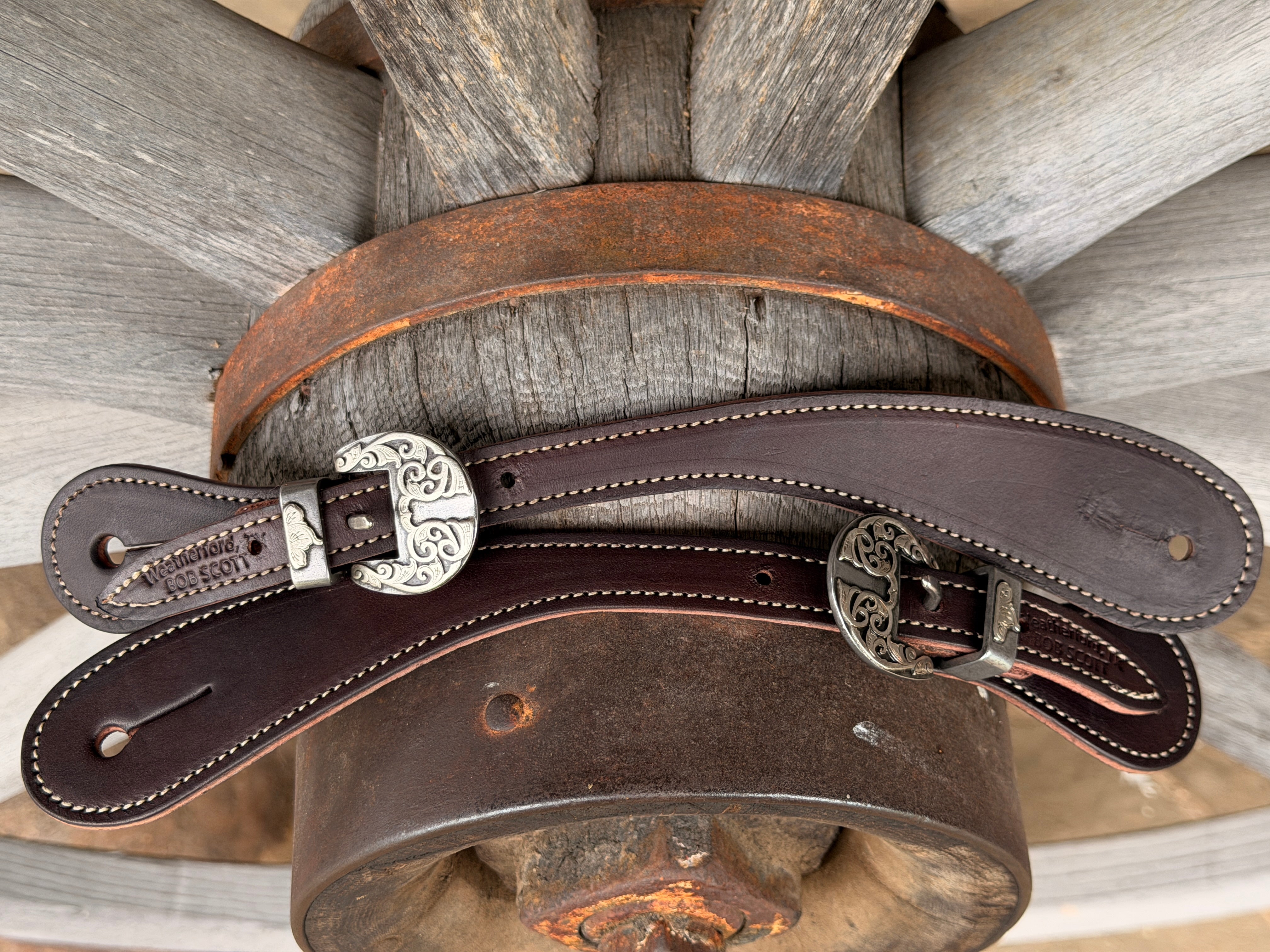 Bob Scott Roper Smooth Chocolate Spur Straps w/ Scroll Kerry Kelley Buckles