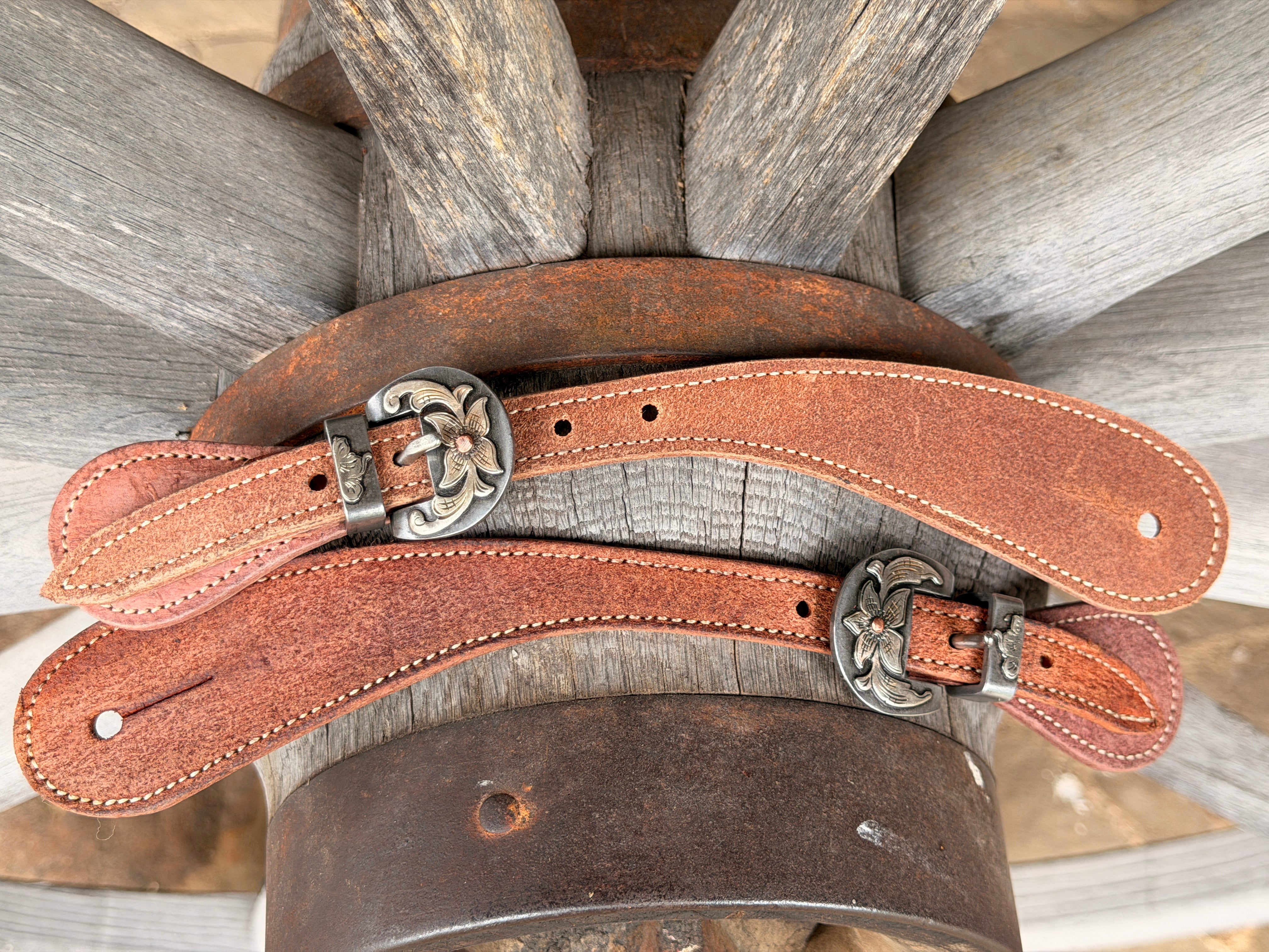 Bob Scott Roper Roughout Spur Straps w/ 4 Point Flower Kerry Kelley Buckles