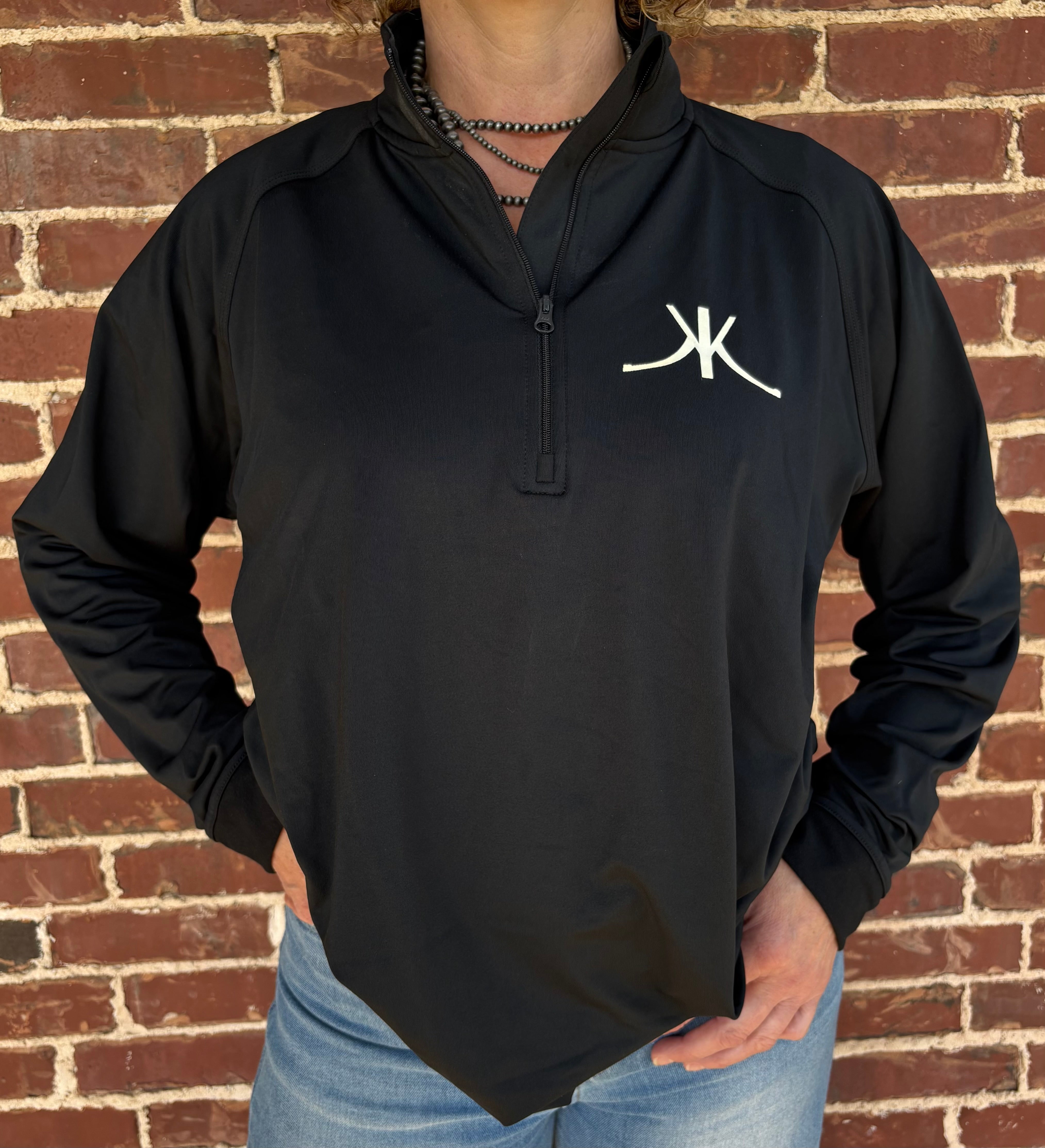 Men's Black Pullover Quarter Zip - White KK Brand w/ White Kerry Kelley logo on Back