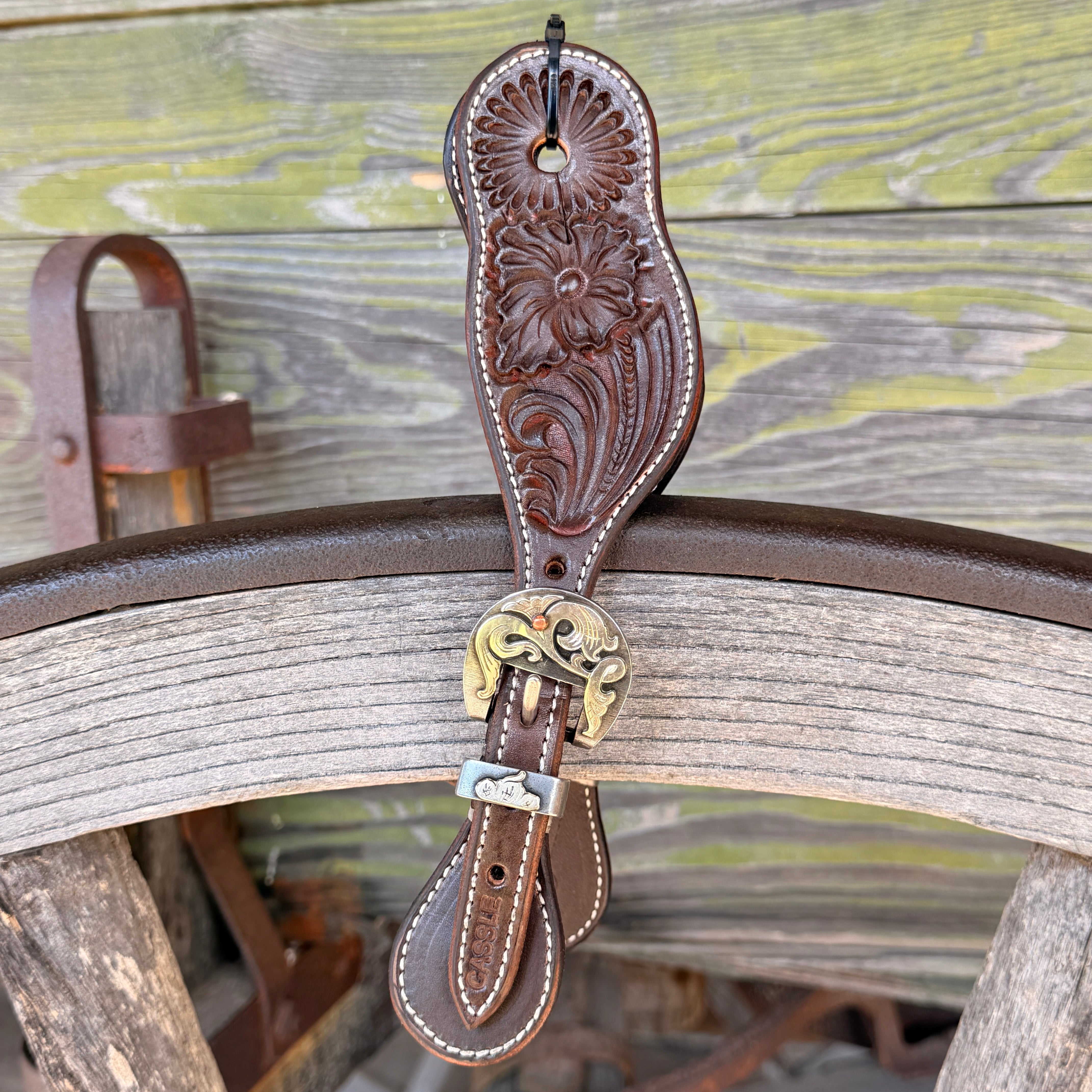 Clay Cassle Small-Medium Round Tooled Chocolate Spur Straps w/ KK Fancy Buckles