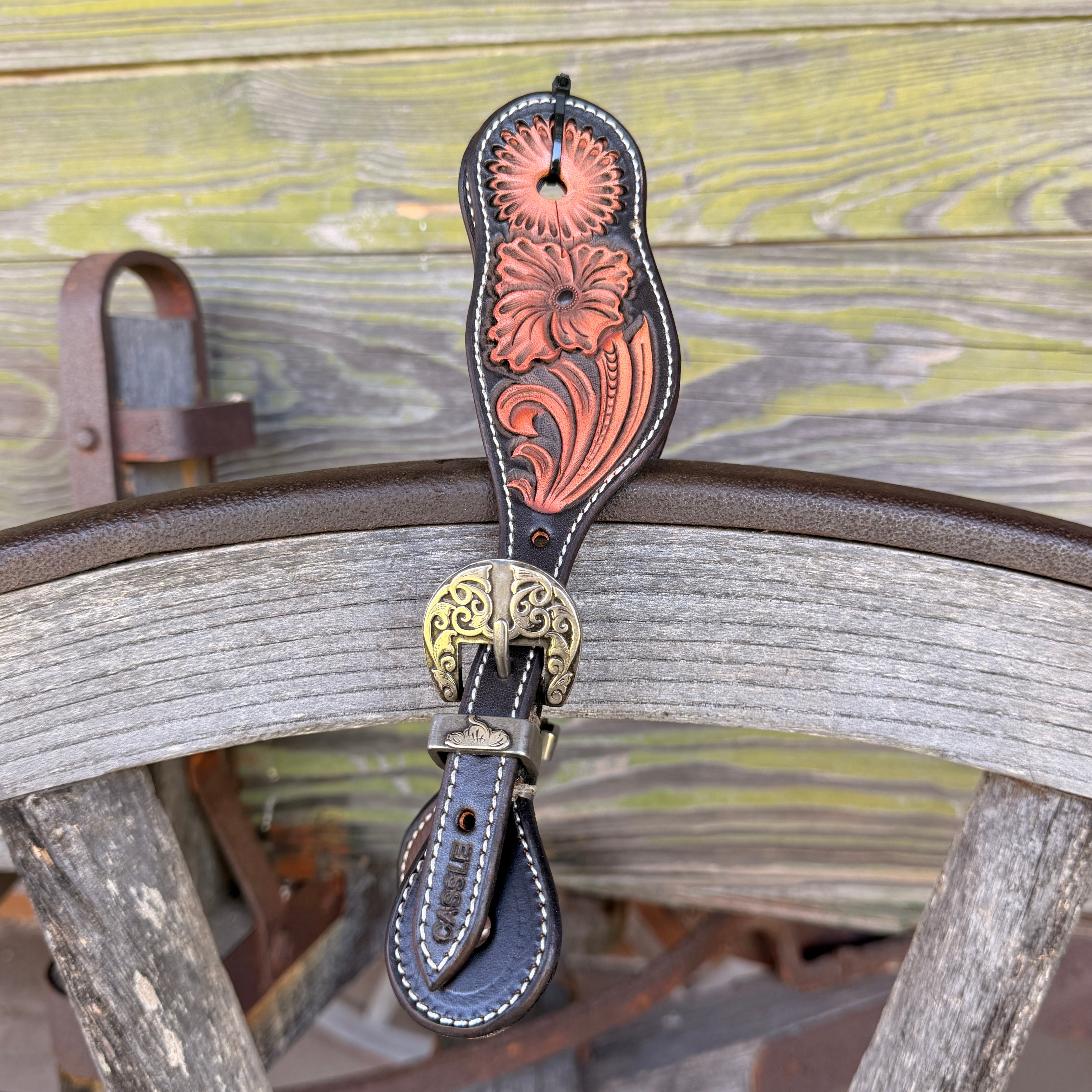 Clay Cassle Small-Medium Round Tooled Black and Natural Spur Straps w/ KK Fancy Buckles