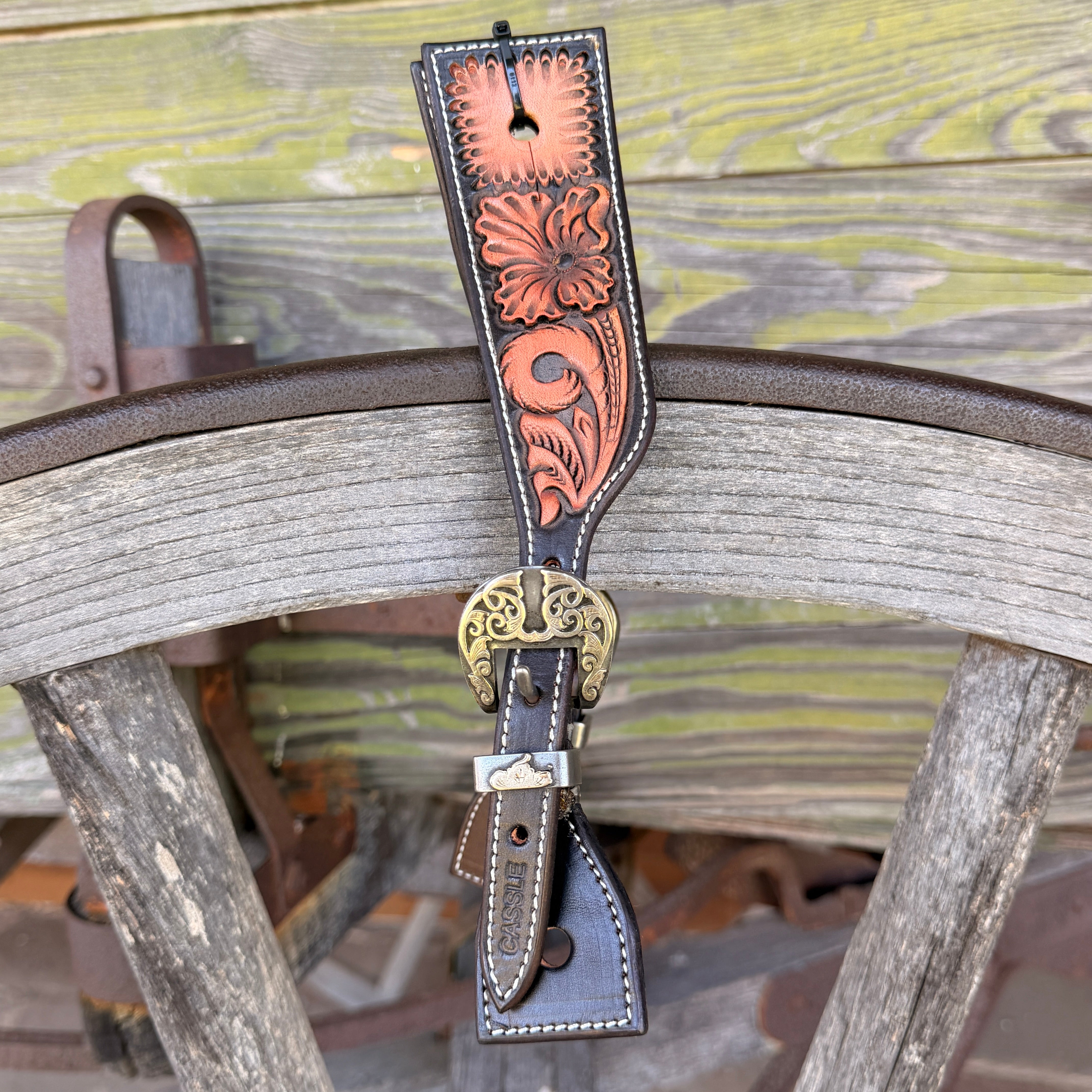 Clay Cassle Medium-Large Square Tooled Black and Natural Spur Straps w/ KK Fancy Buckles