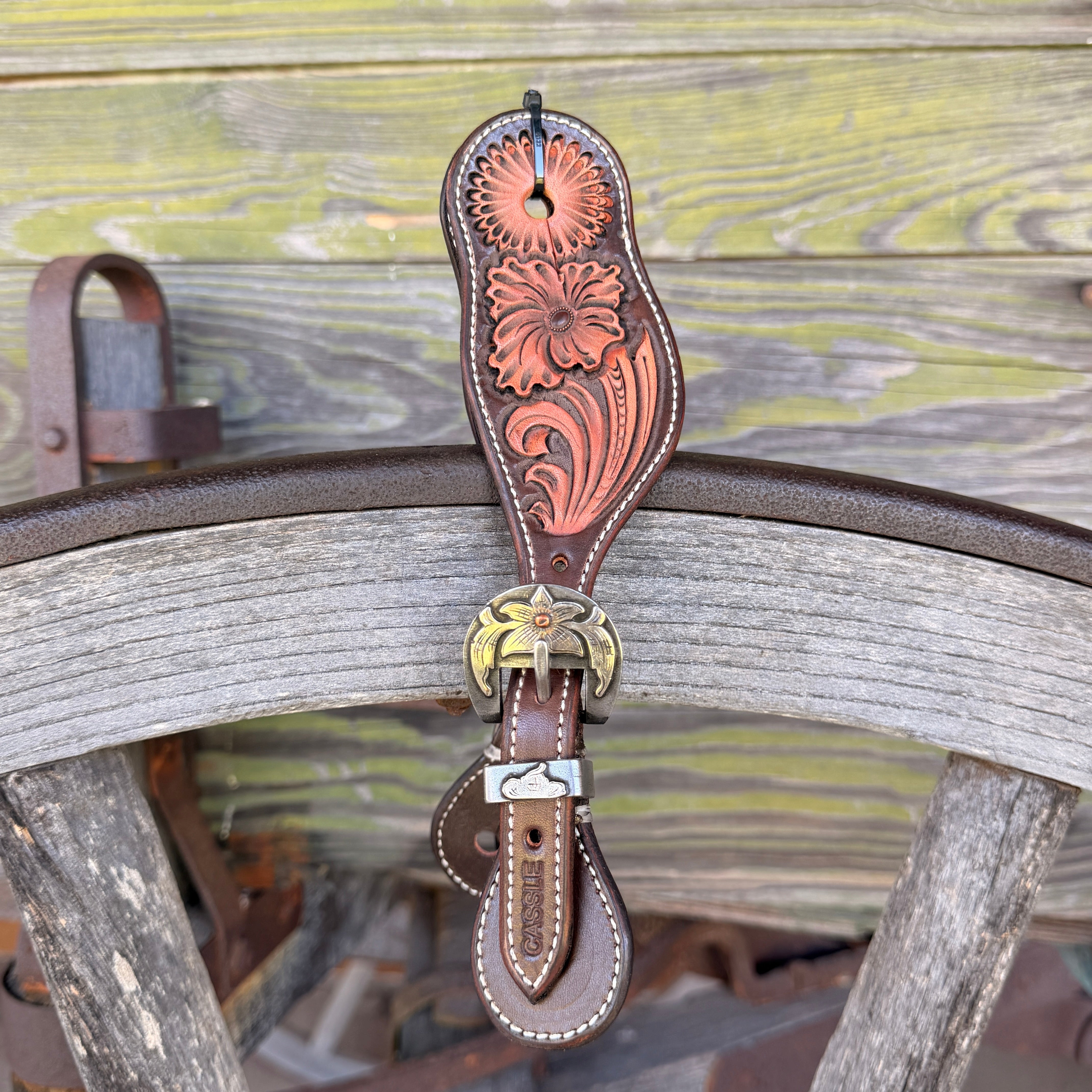 Clay Cassle Small-Medium Round Tooled Brown and Natural Spur Straps w/ KK Fancy Buckles