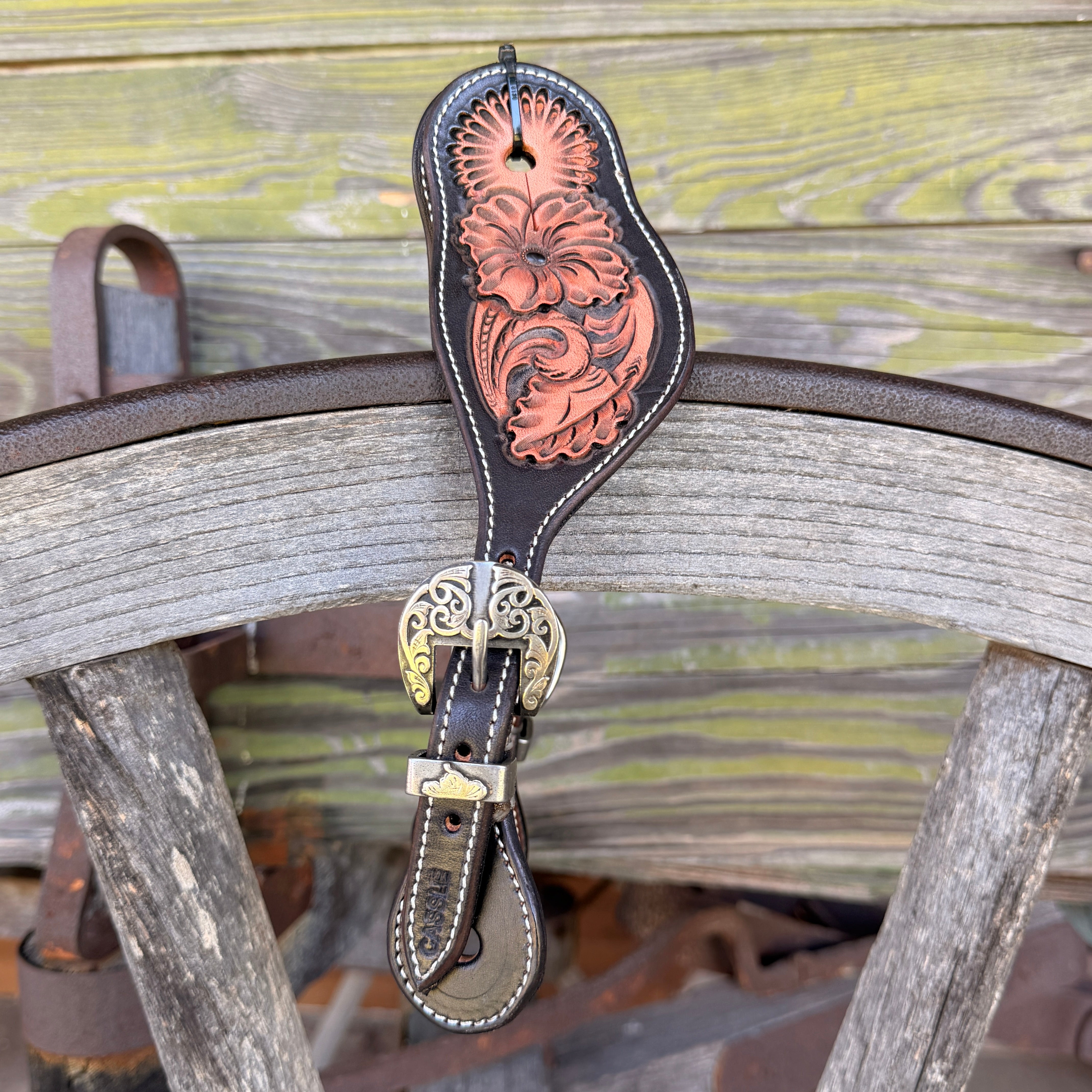 Clay Cassle Medium-Large Round Tooled Black and Natural Spur Straps w/ KK Fancy Buckles