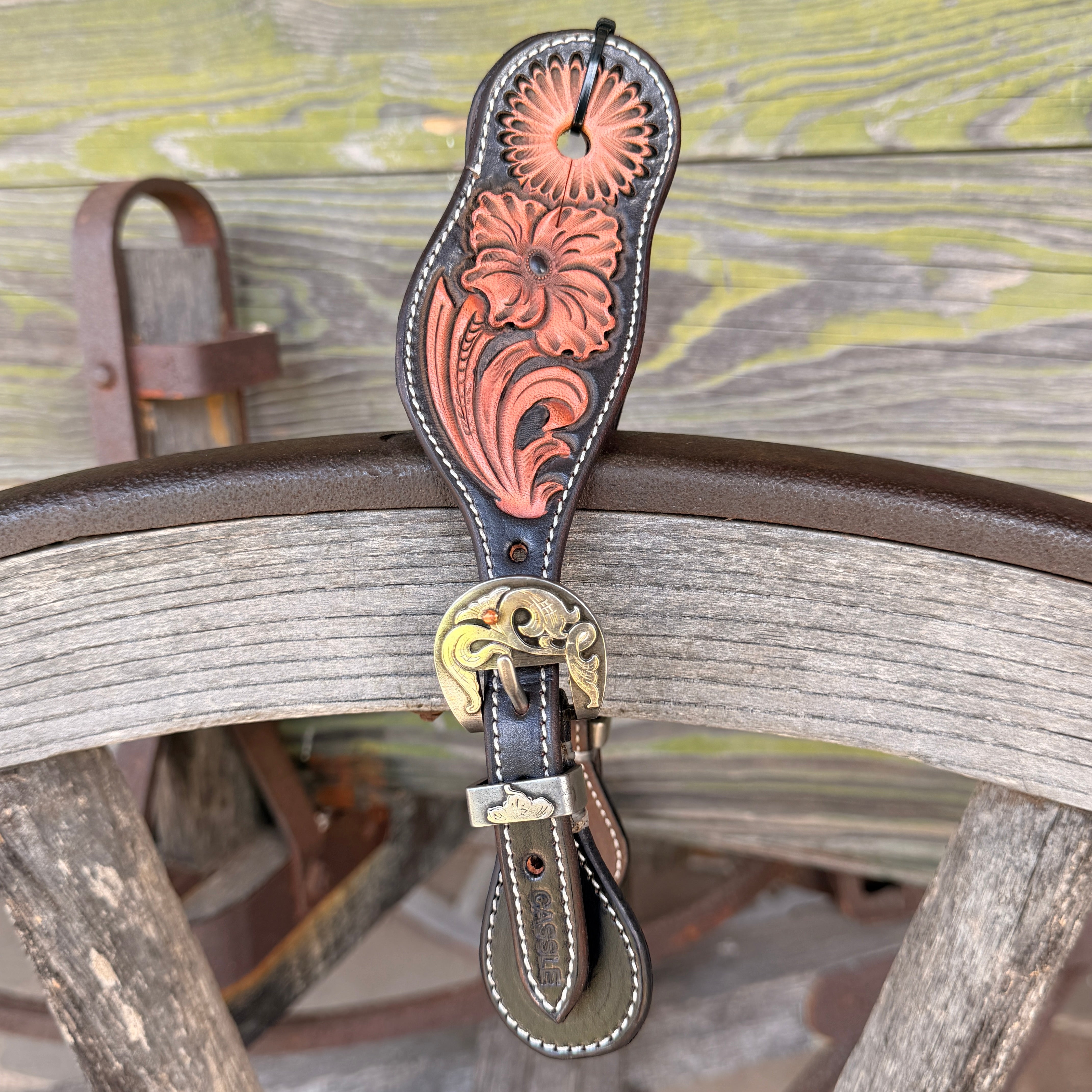 Clay Cassle Small-Medium Round Tooled Black and Natural Spur Straps w/ KK Fancy Buckles