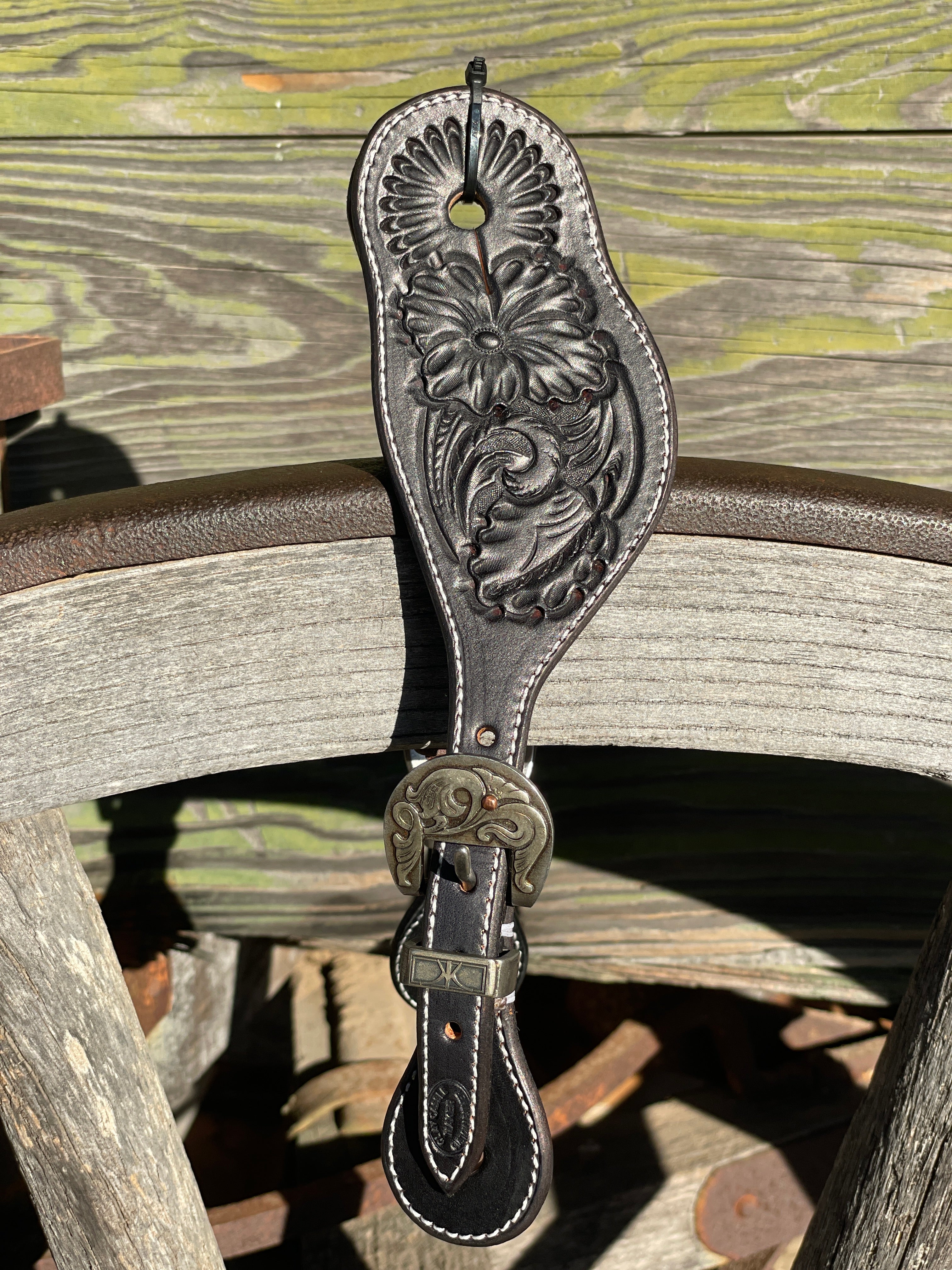 Clay Cassle - Large Black Tooled Spur Straps w/ Scroll KK Buckles