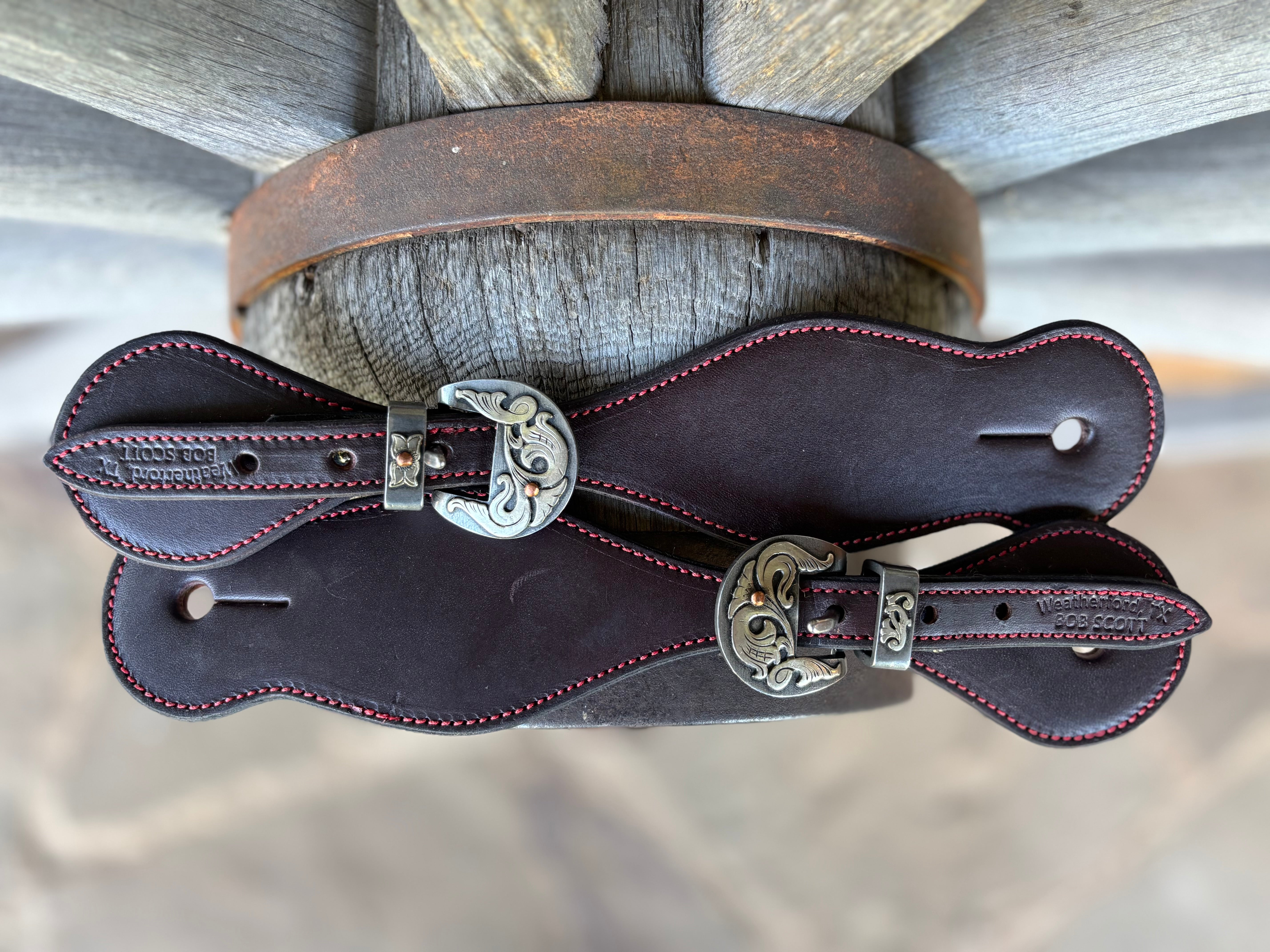 Bob Scott Dark Smooth Leather Spur Straps w/ Red Border Stitching And KK Buckles