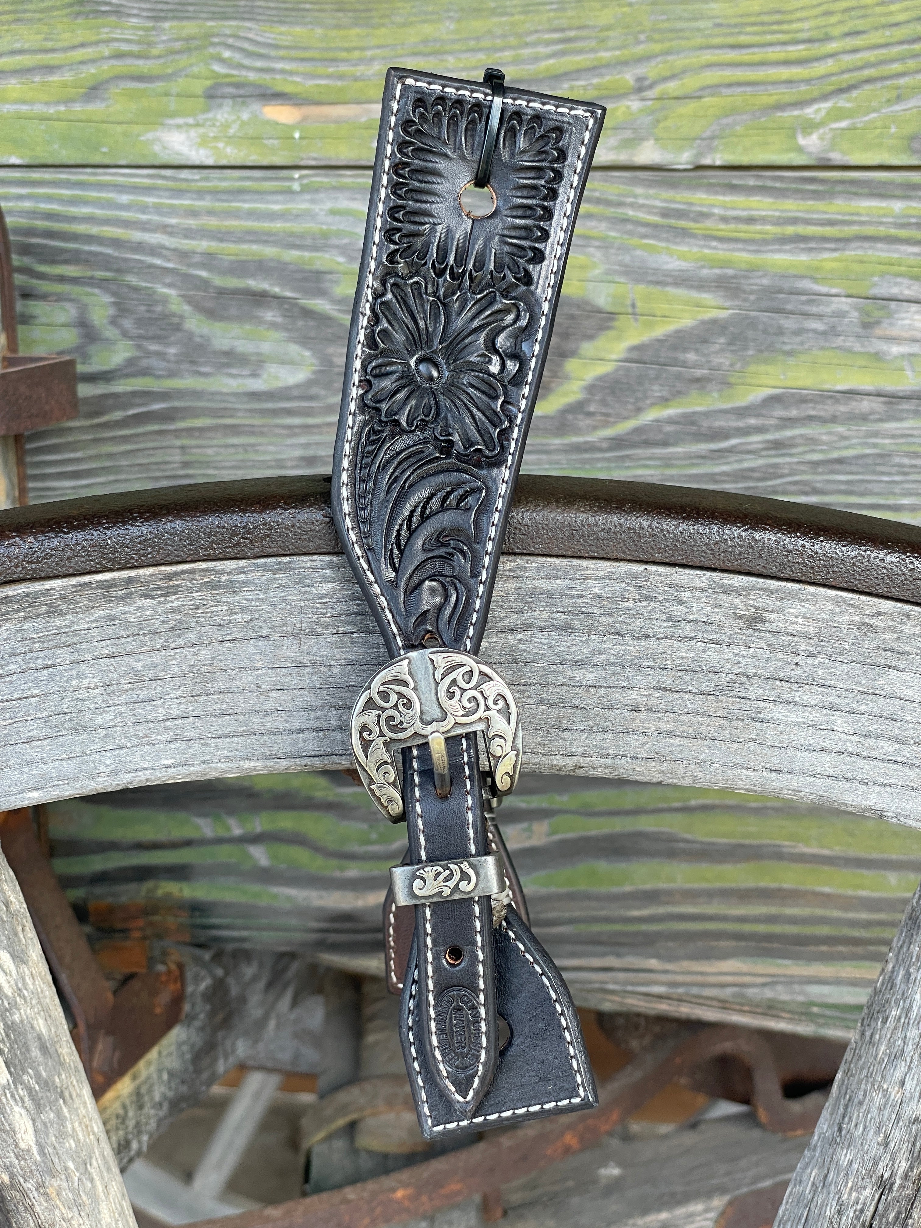 Clay Cassle Medium-Large Square Tooled Black Spur Straps w/ KK Fancy Buckles