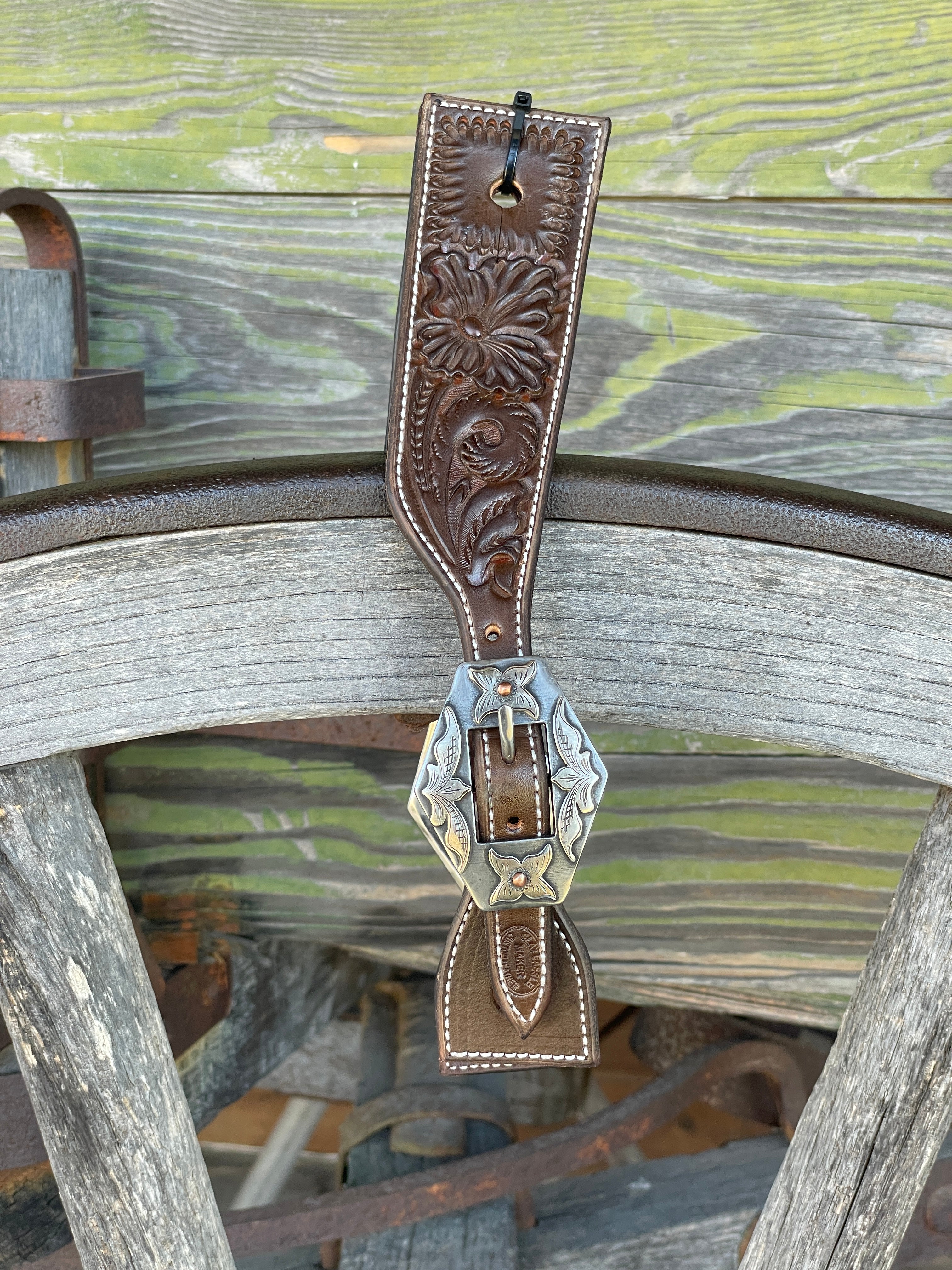 Clay Cassle Medium-Large Square Tooled Brown Spur Straps w/ KK Fancy Buckles
