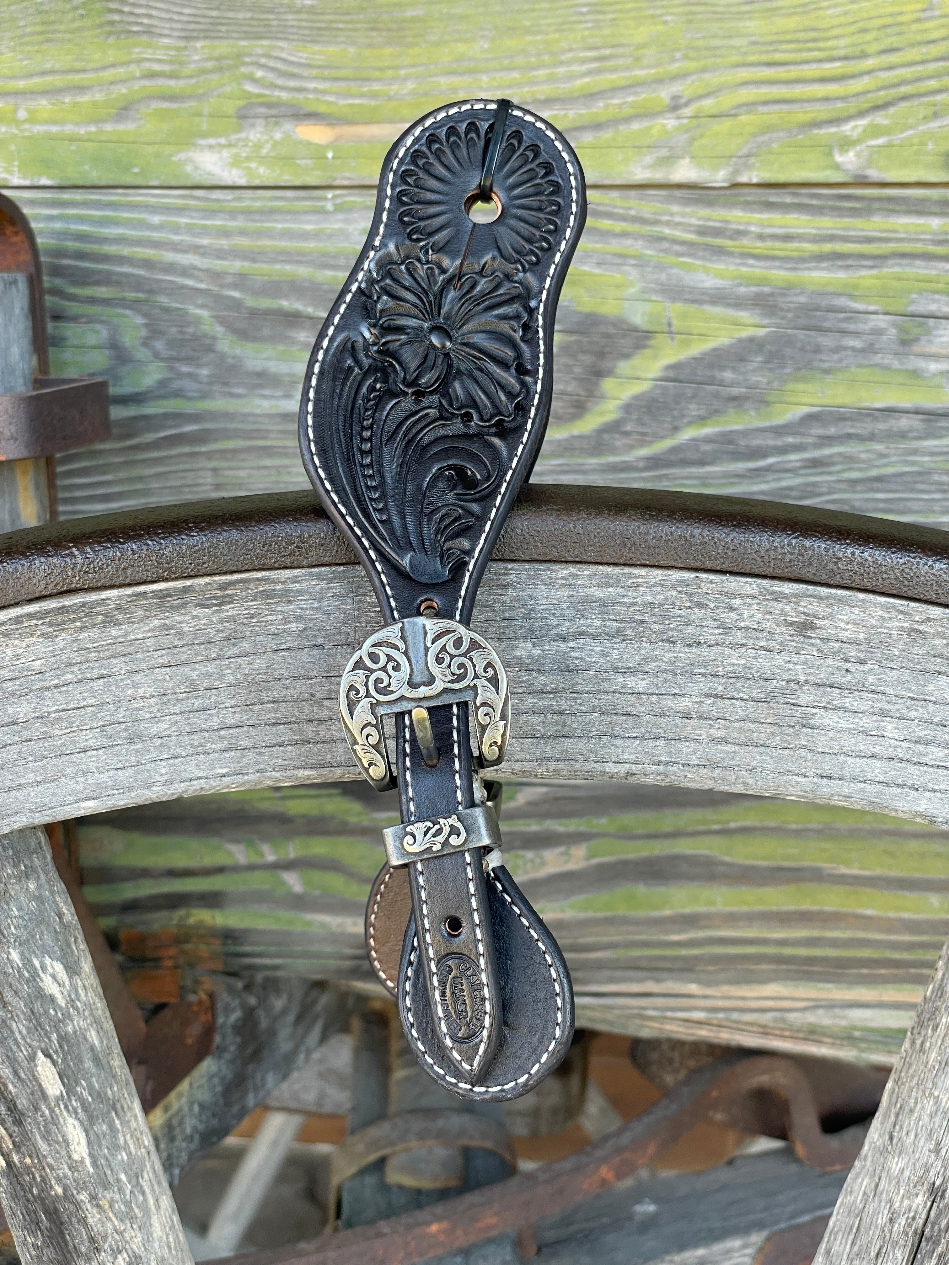 Clay Cassle Small-Medium Round Tooled Black Spur Straps w/ KK Fancy Buckles