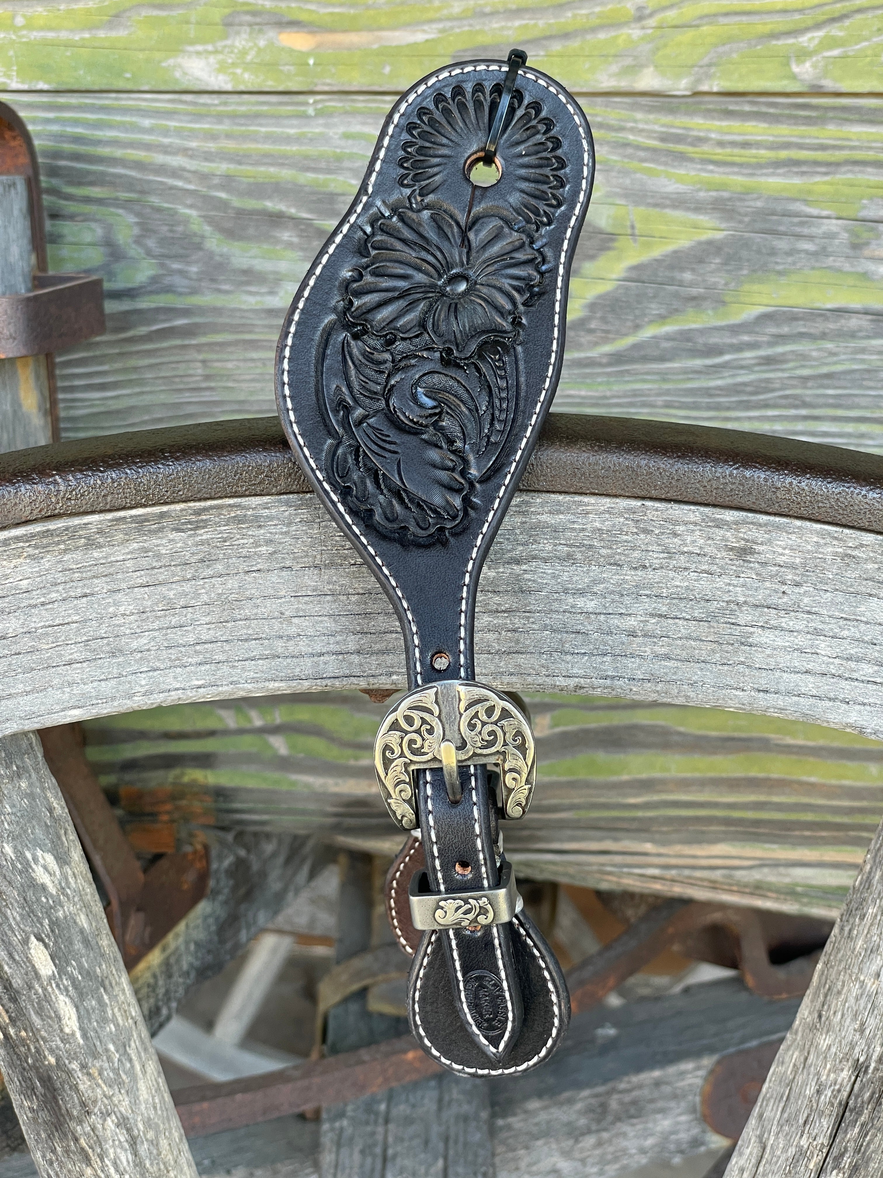 Clay Cassle Medium-Large Round Tooled Black Spur Straps w/ KK Fancy Buckles