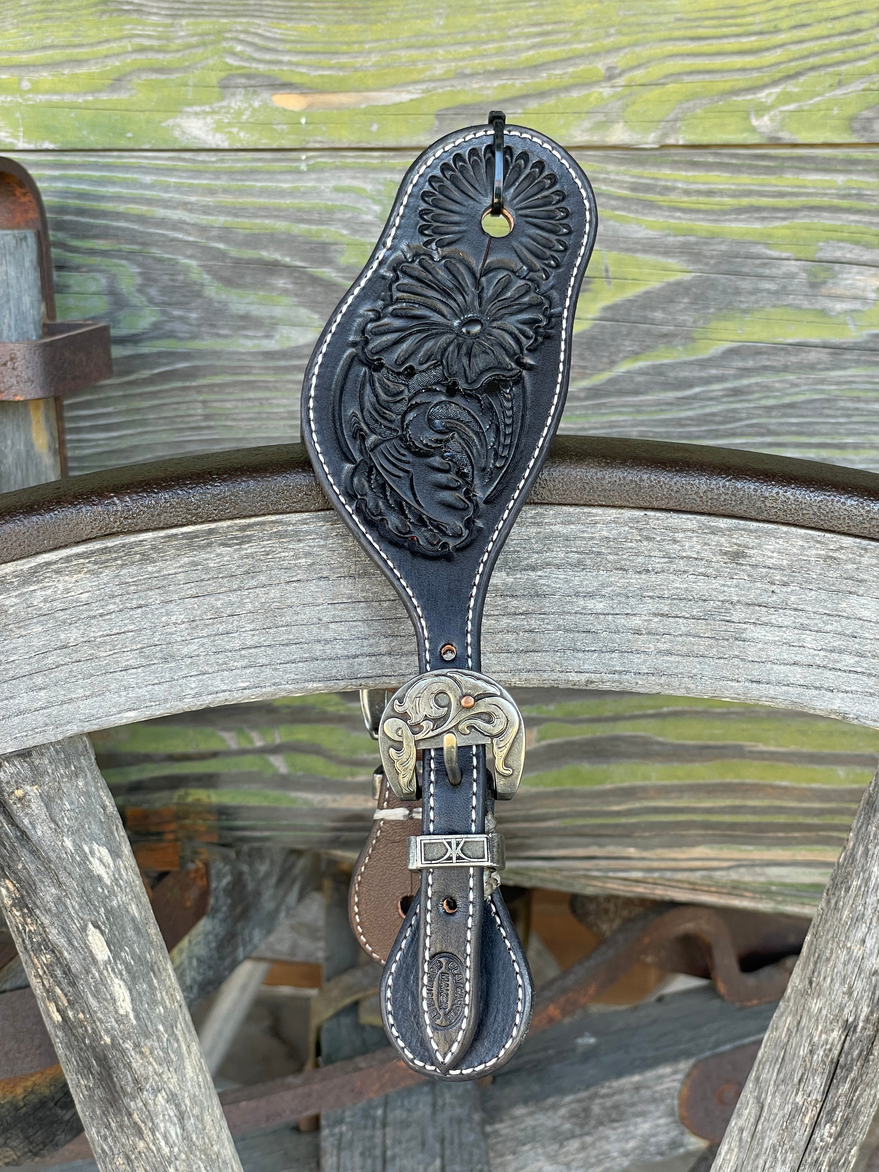 Clay Cassle Medium-Large Round Tooled Black Spur Straps w/ KK Fancy Buckles
