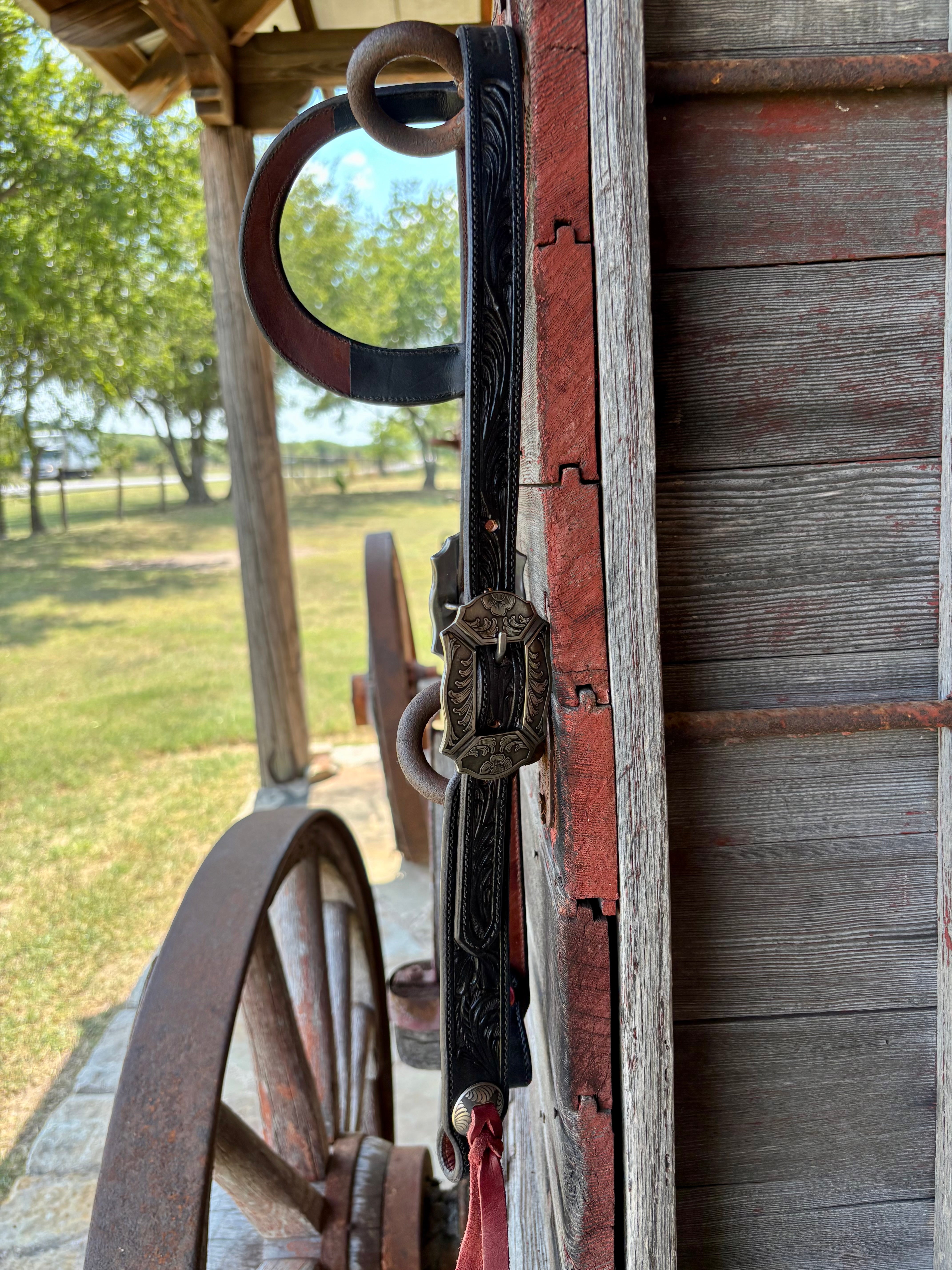 TM Leather Black Scroll Ear Loop Headstall w/ Floral and Scroll Scallop Buckles