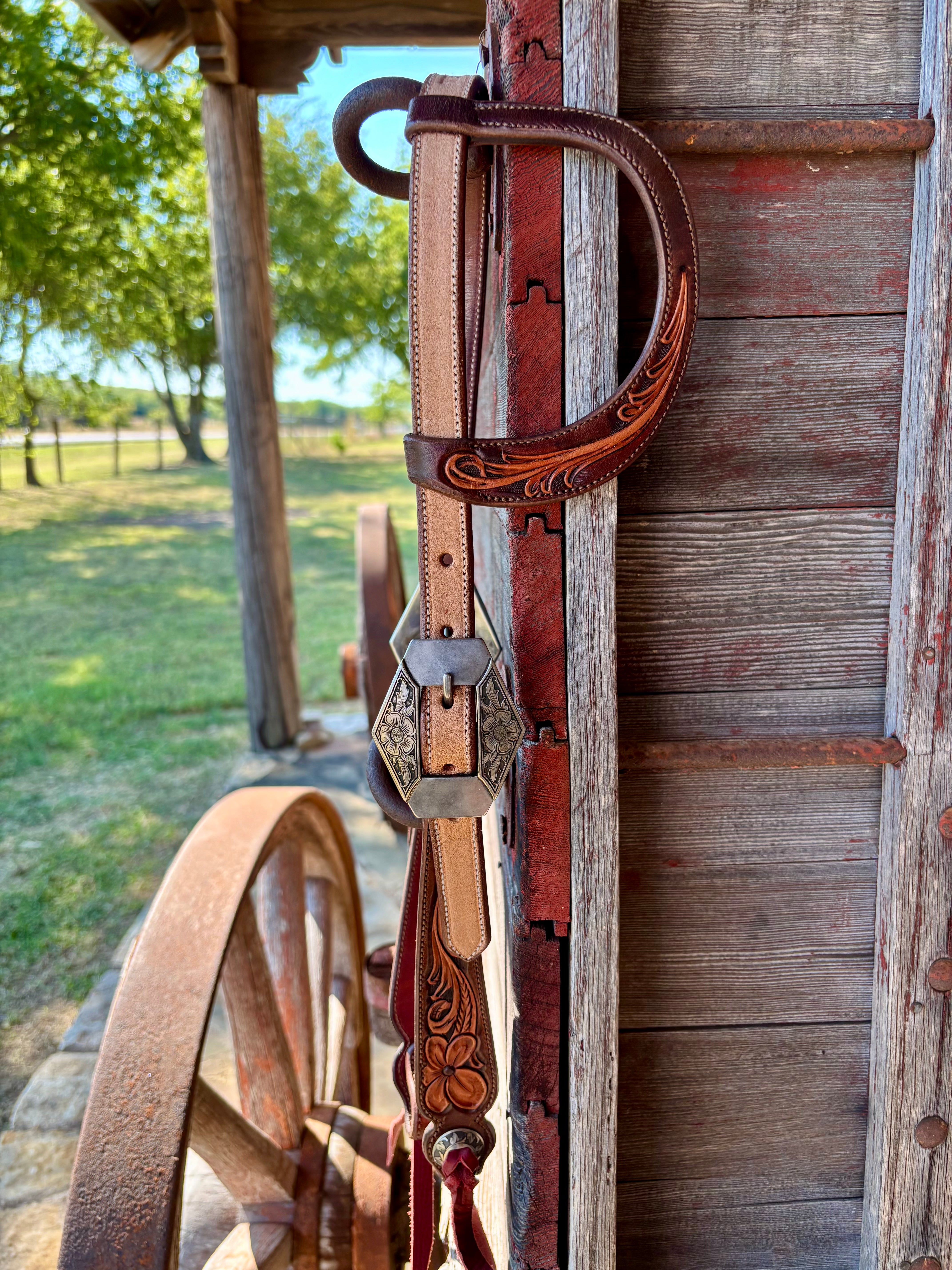 TM Leather Roughout and Tooled Brown Ear Loop Headstall