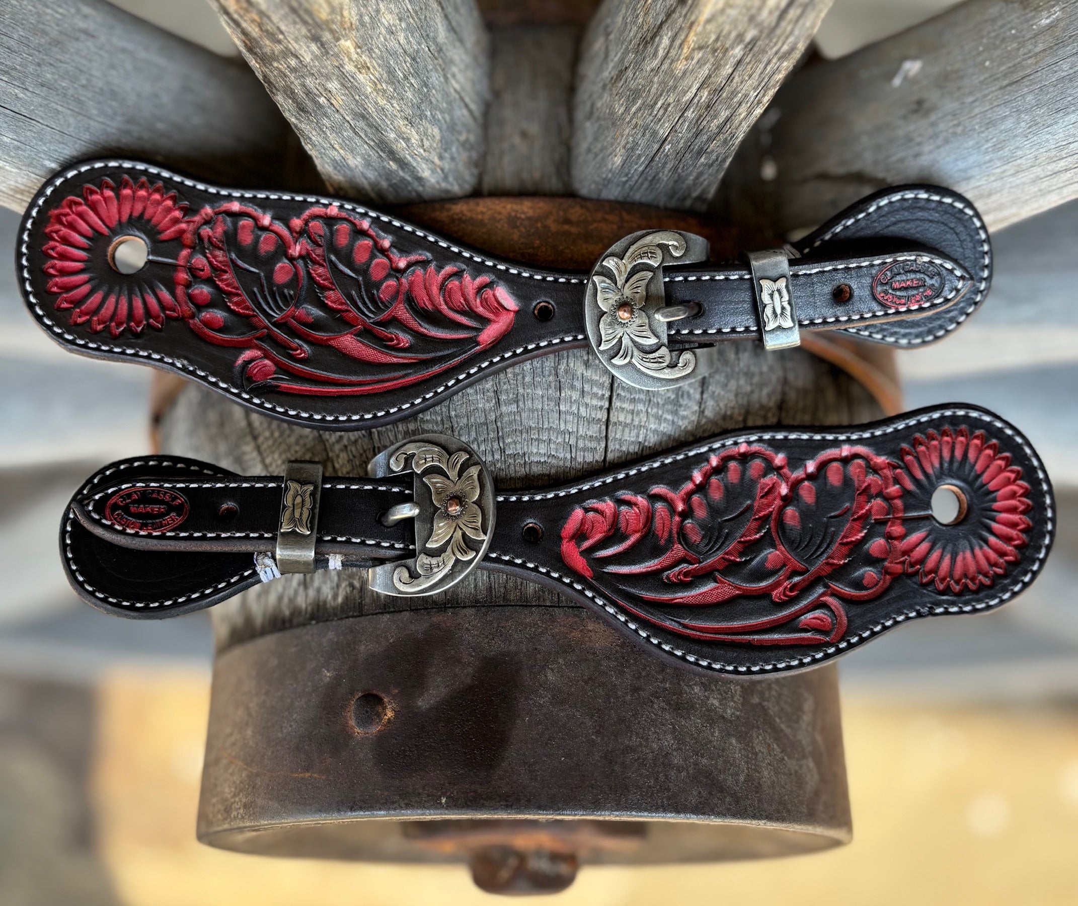 Clay Cassle - Small/Medium - Black & Red Tooled Spur Straps w/ Floral KK Buckles