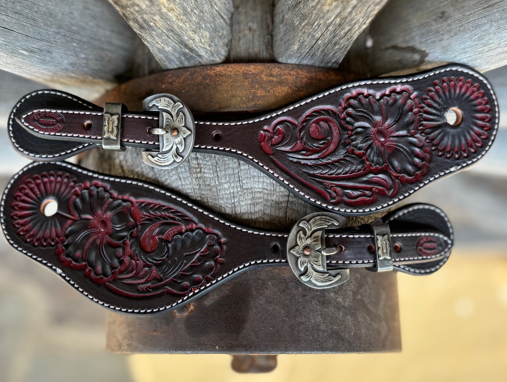 Clay Cassle Large Black Cherry Flower Tooled Spur Straps w/ Floral KK Buckles