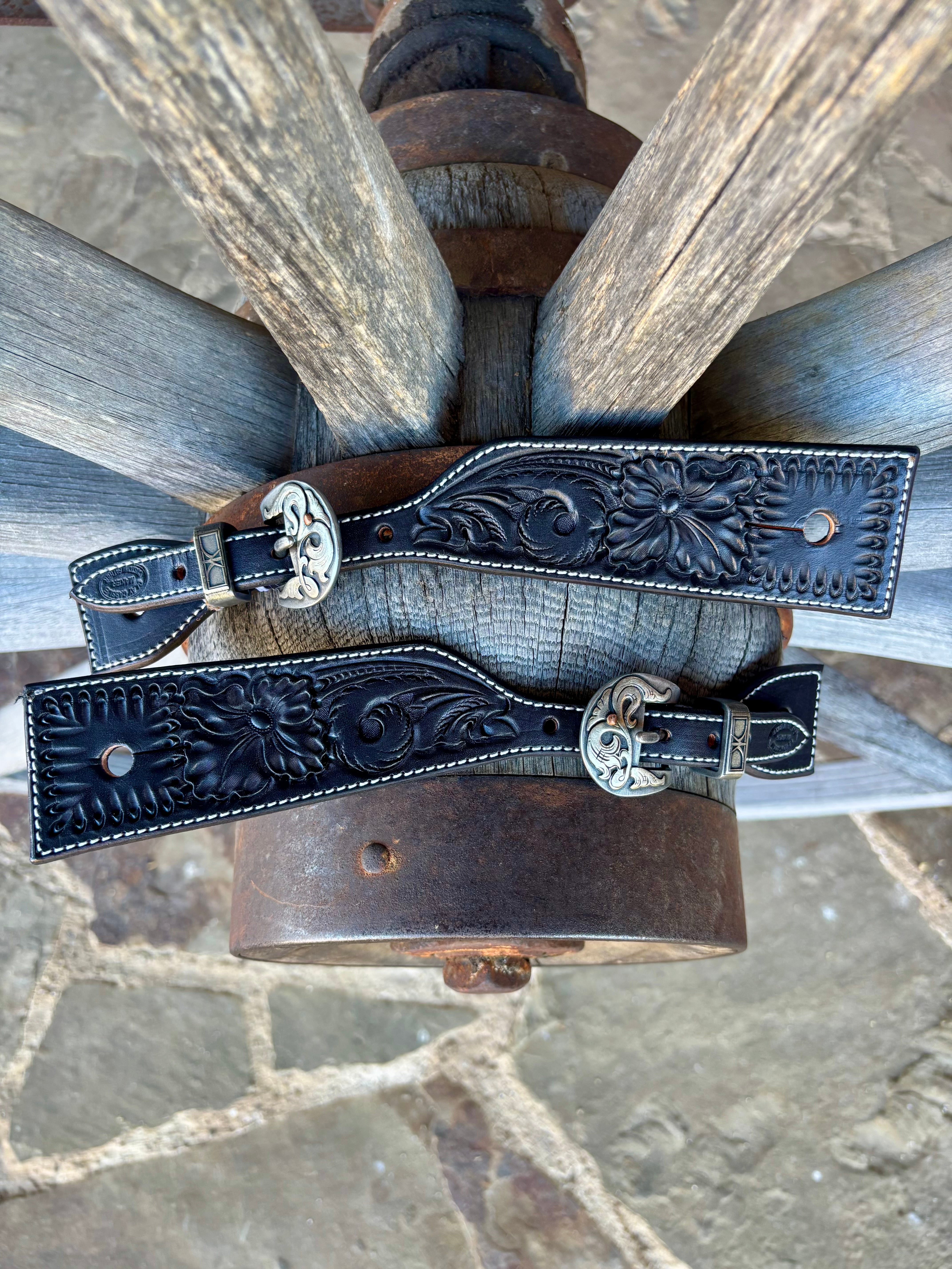 Clay Cassle Medium-Large Square Black Tooled Spur Straps w/ KK Fancy Buckles