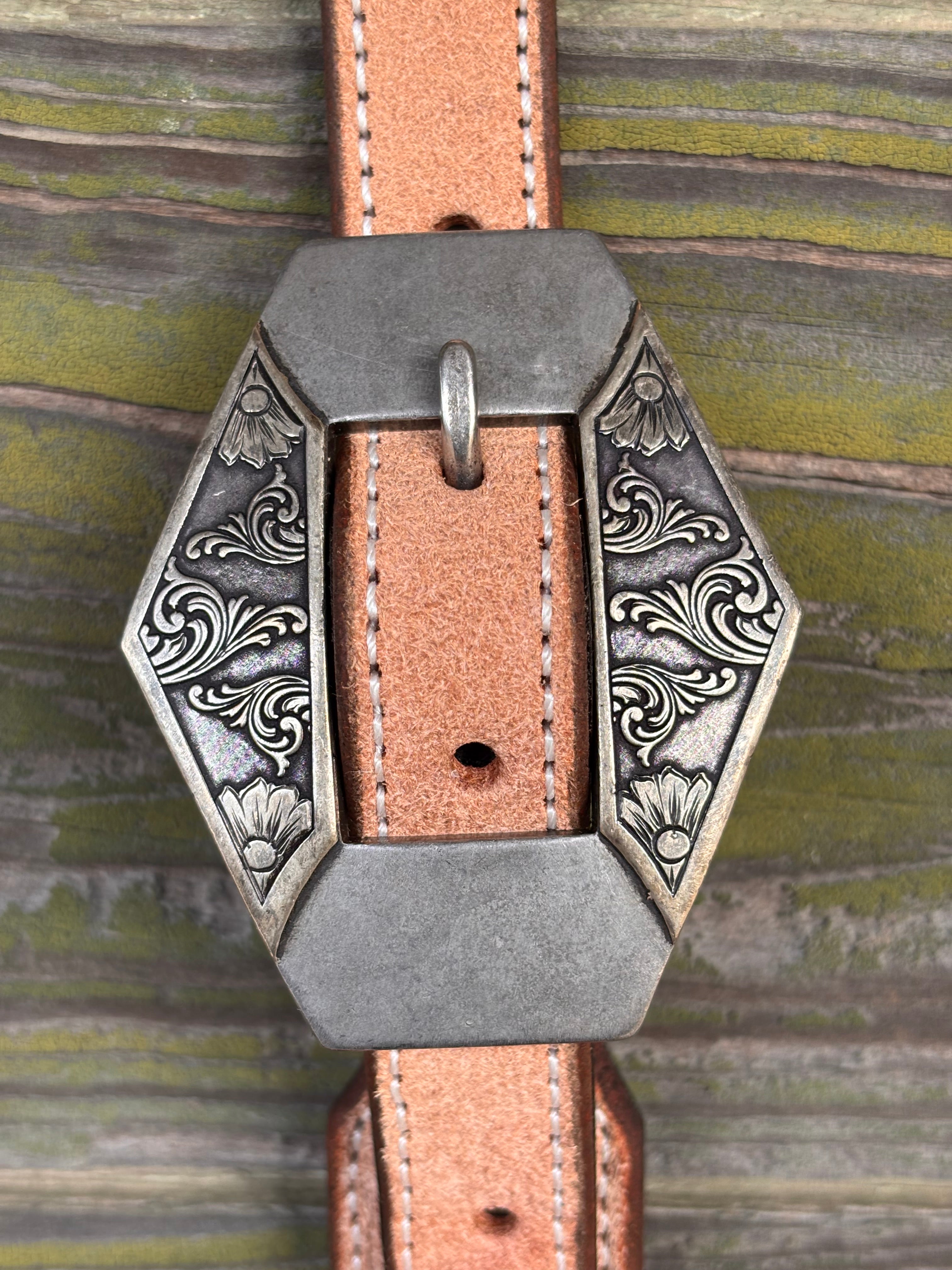 Clay Cassle Rough Out Stitched Split Ear Headstall w/ Flower and Scroll Diamond buckle