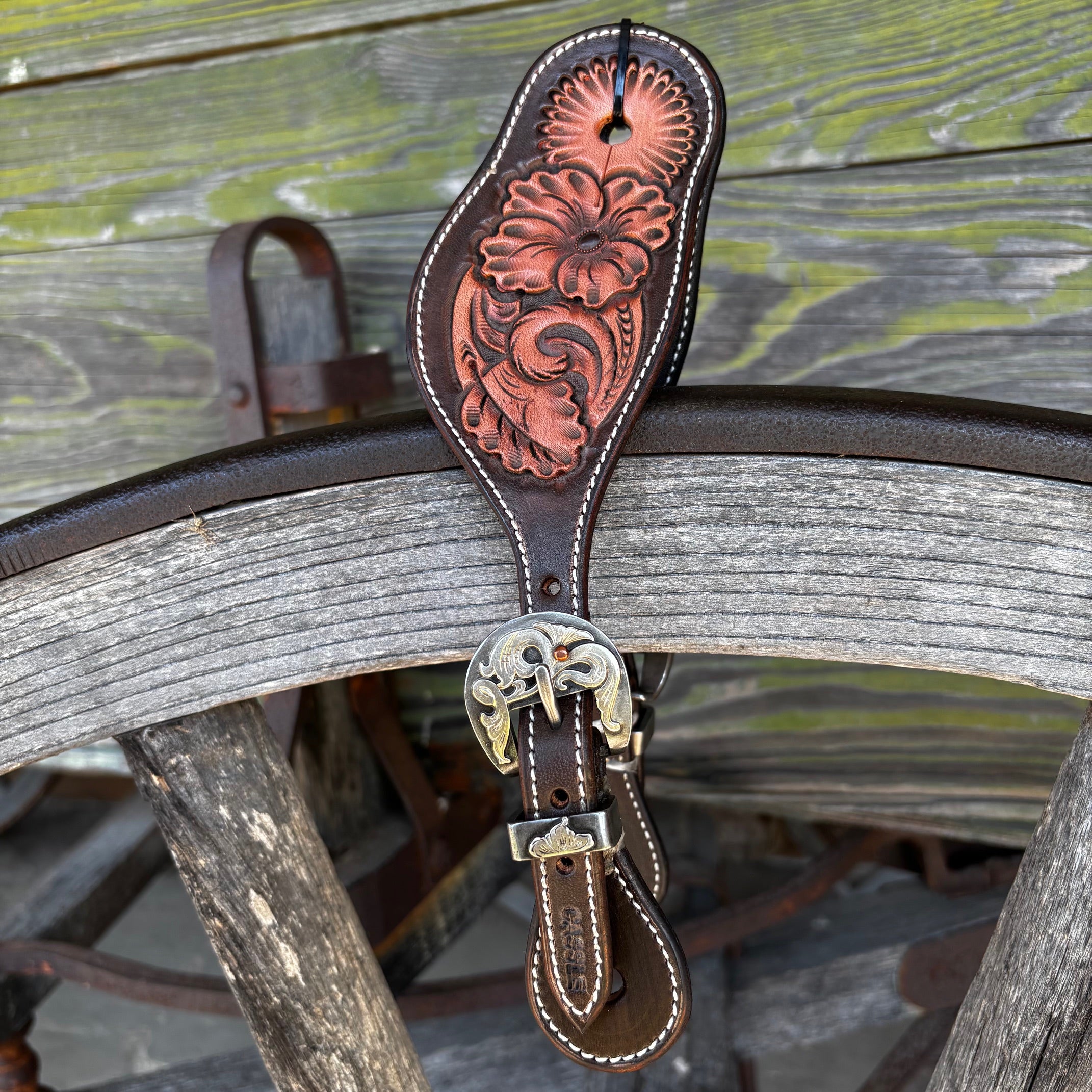 Clay Cassle Medium-Large Round Tooled Brown Two-Tone Spur Straps w/ KK Fancy Buckles