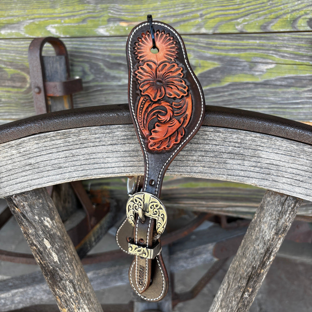 Clay Cassle Medium-Large Round Tooled Brown Two-Tone Spur Straps w/ KK Fancy Buckles