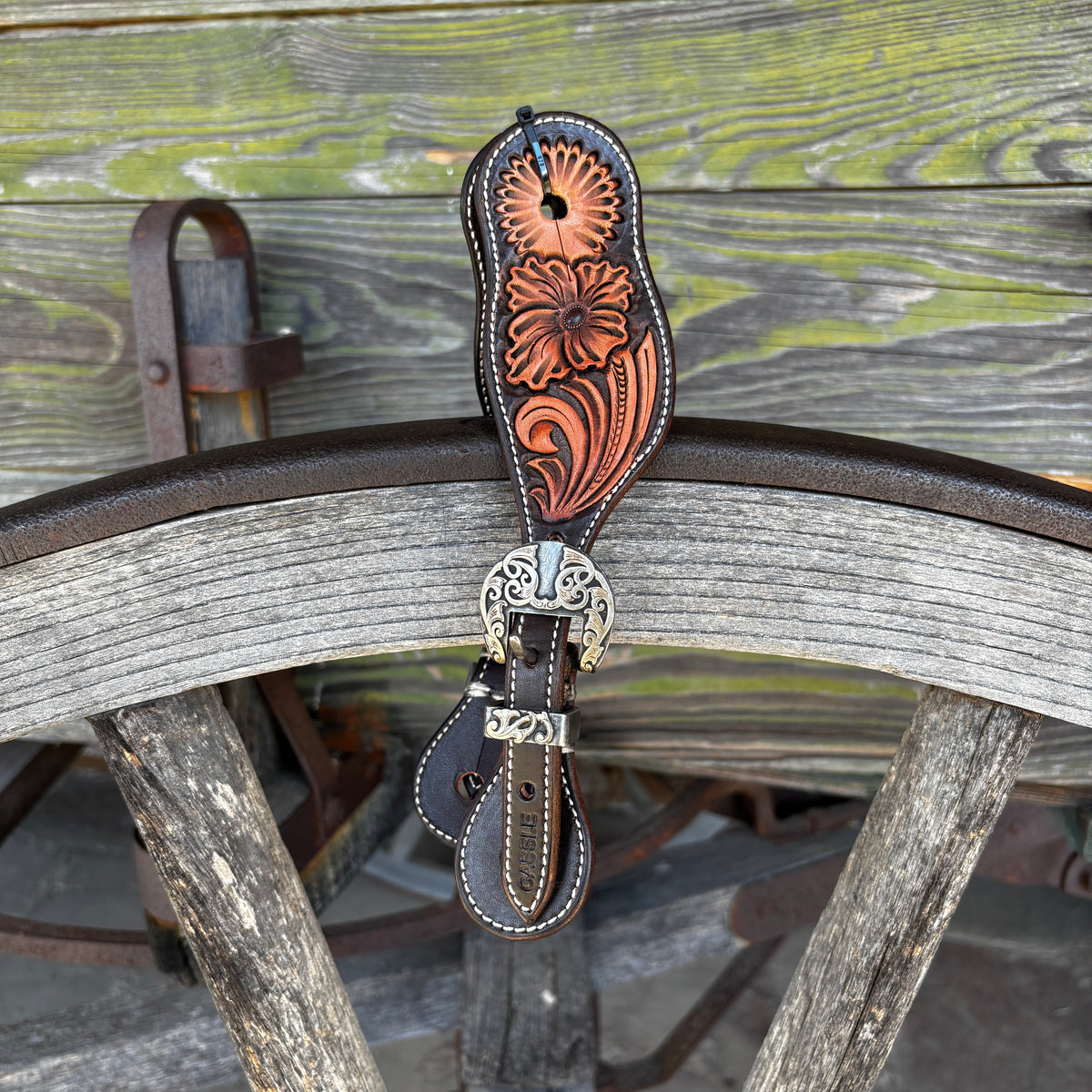 Clay Cassle Small-Medium Round Tooled Brown and Natural Spur Straps w/ KK Fancy Buckles