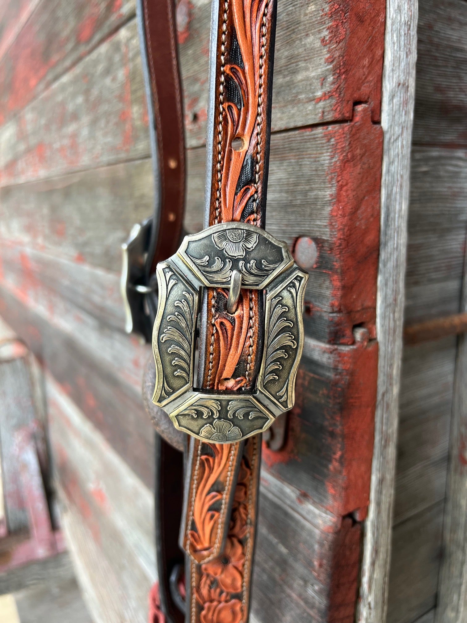 TM Leather Chocolate and Natural Tooled Ear Loop Headstall w/ Floral and Scroll Buckles
