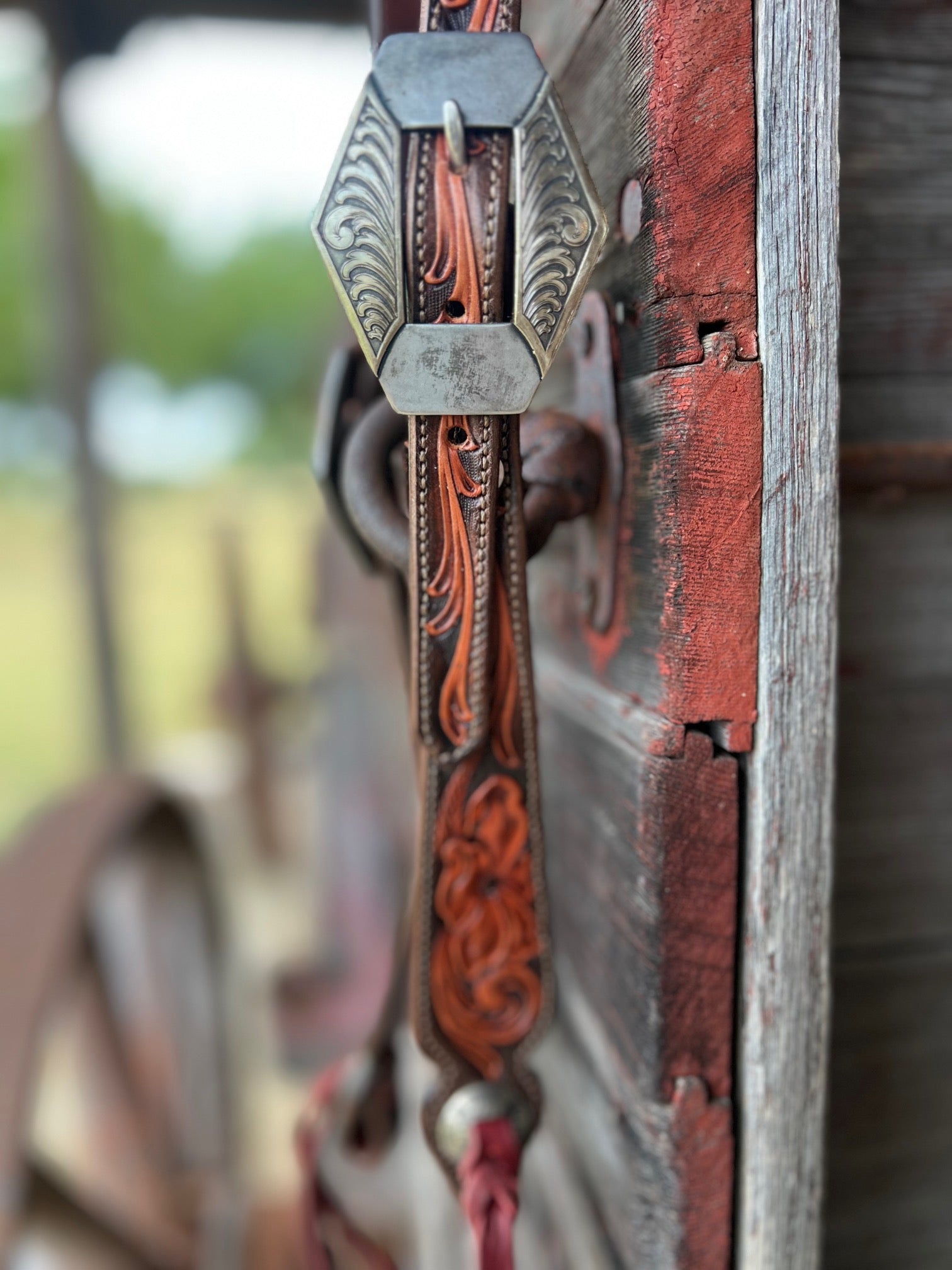TM Leather Chocolate and Natural Tooled Ear Loop Headstall w/ Scroll Buckles