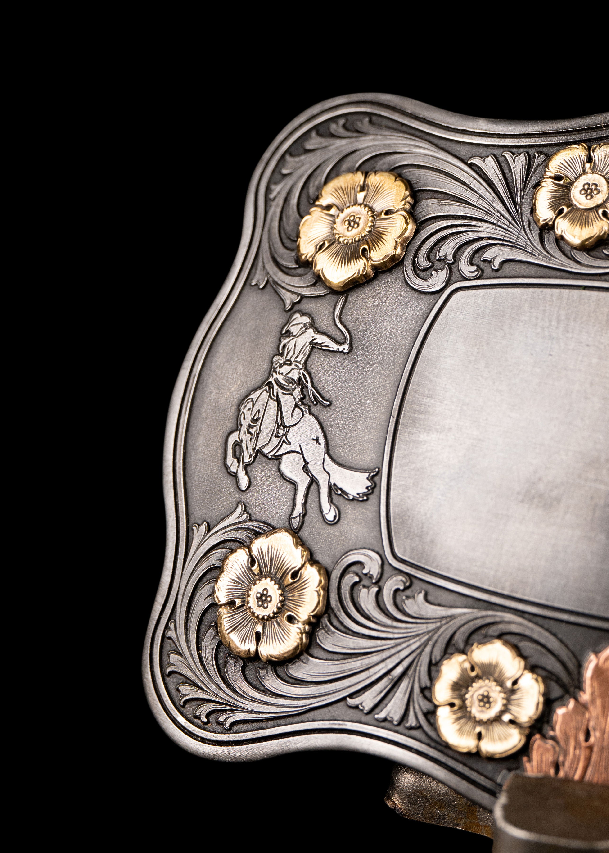 Chief Buckle Featuring Floral and Scroll Border with Bucking Horses
