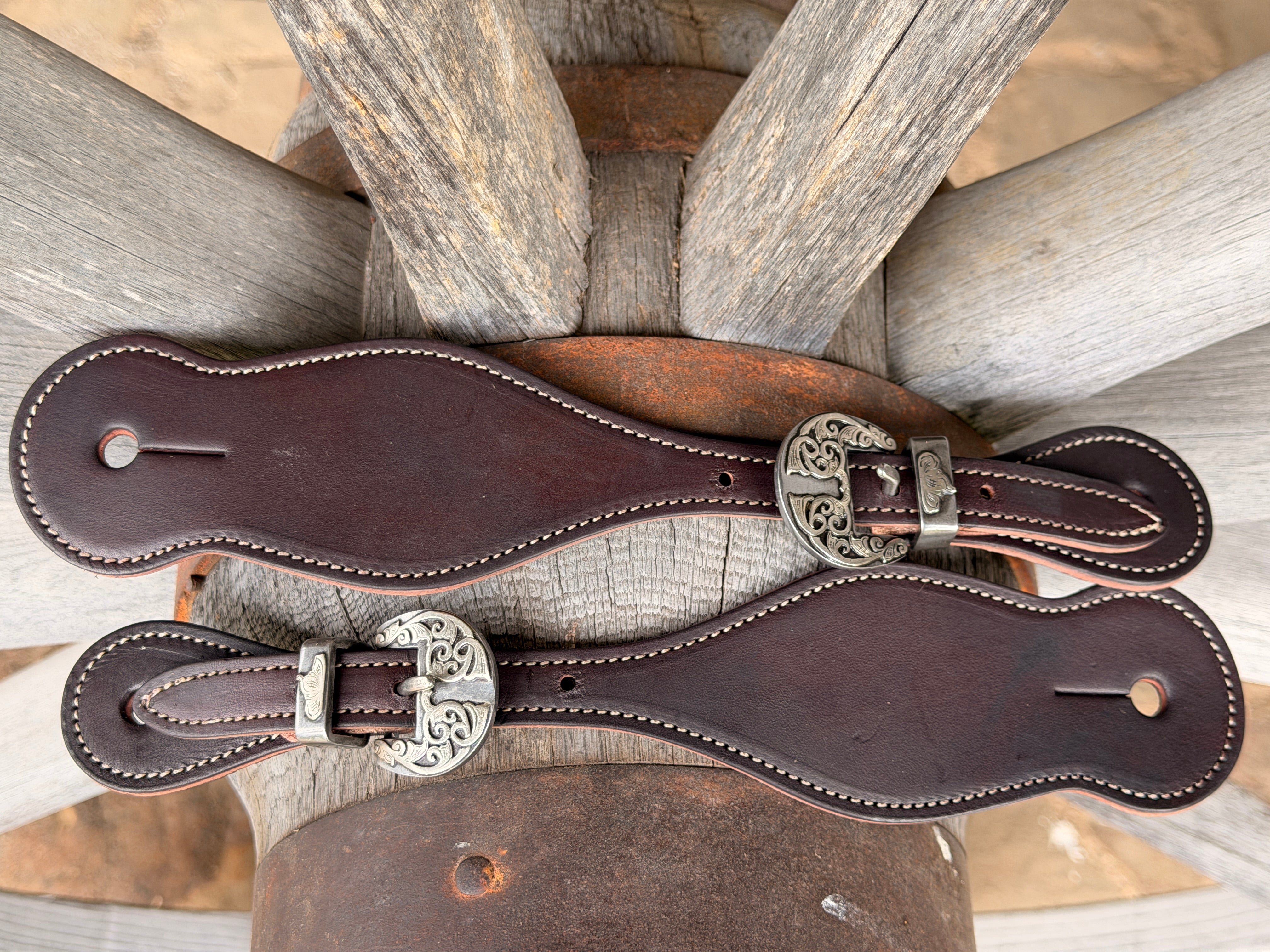 Bob Scott Round Smooth Chocolate Spur Straps w/ Scroll Kerry Kelley Buckles