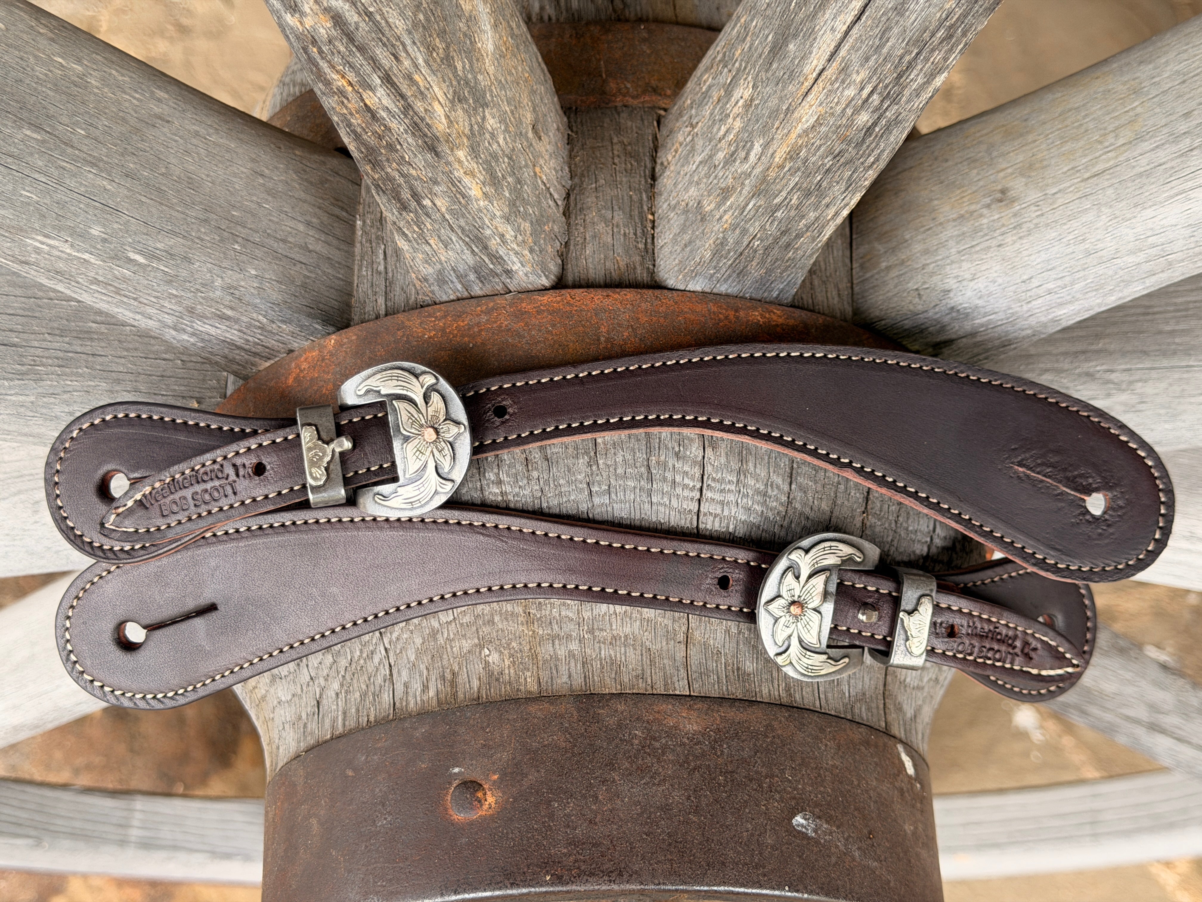 Bob Scott Roper Smooth Chocolate Spur Straps w/ 5 Point Flower Kerry Kelley Buckles