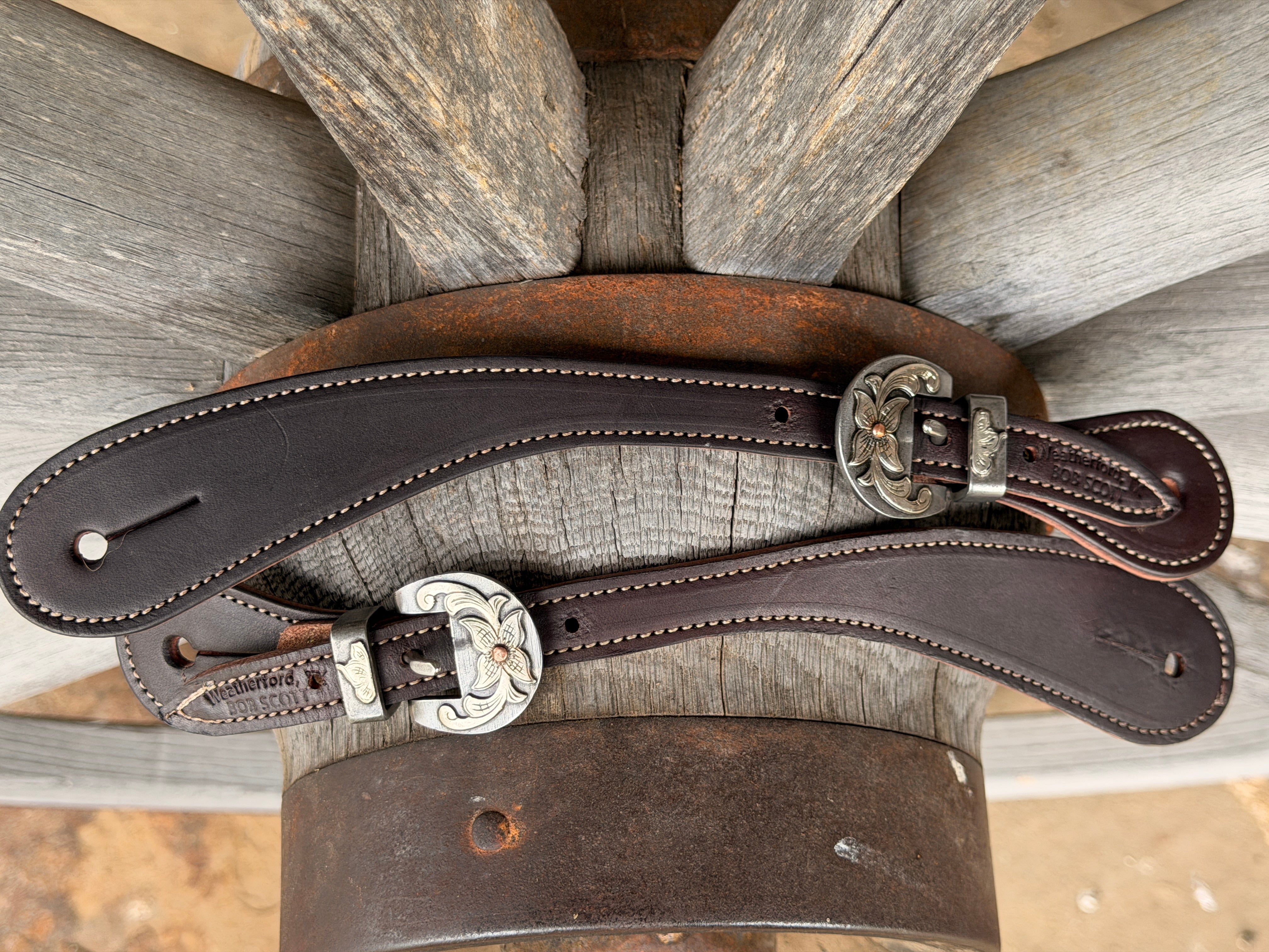 Bob Scott Roper Smooth Chocolate Spur Straps w/ 4 Point Flower Kerry Kelley Buckles