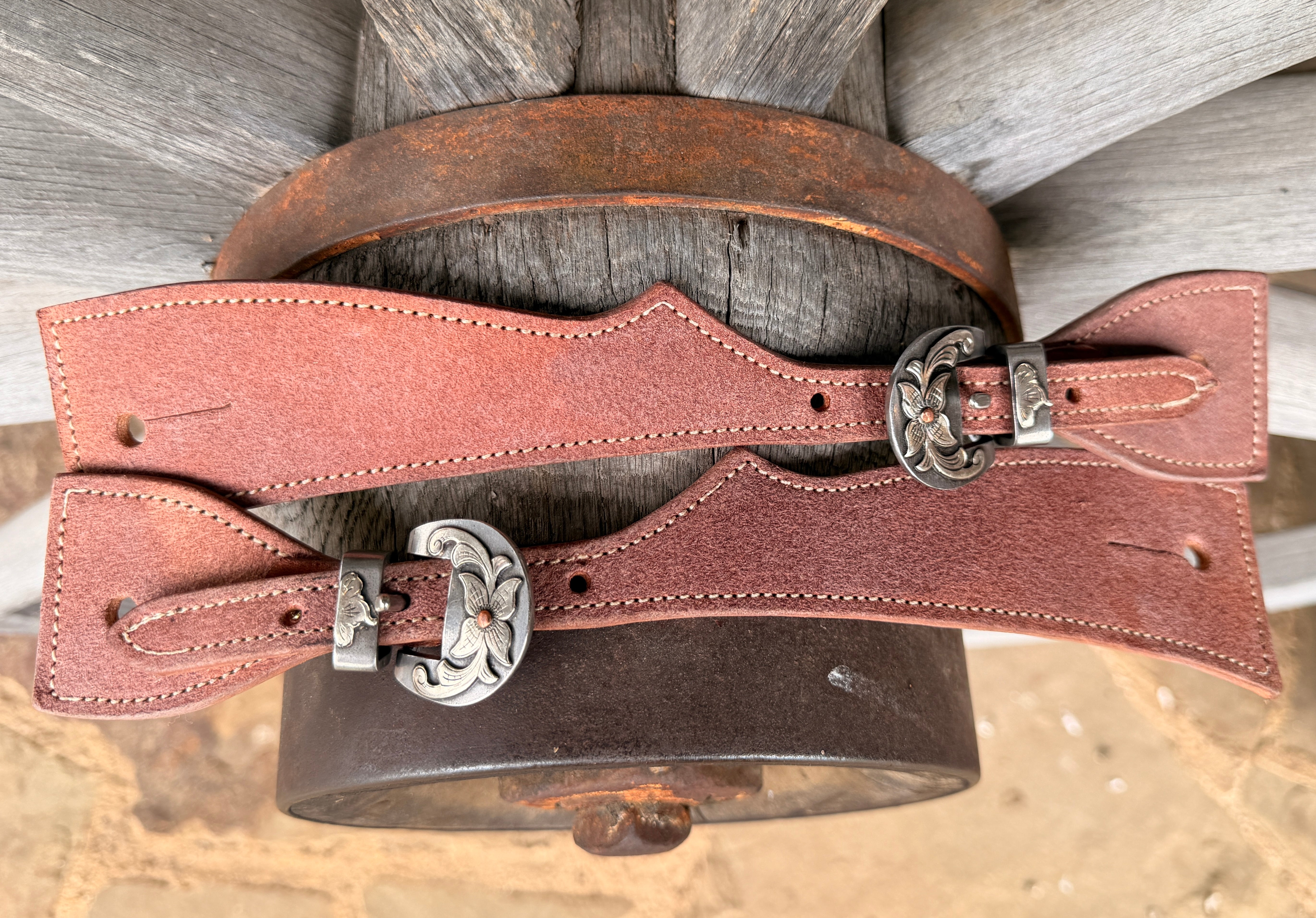 Bob Scott Square Roughout Spur Straps w/ 4 Point Flower Kerry Kelley Buckles