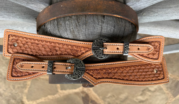 XXL - Jake Vance Natural Seashell Spur Straps - Square w/ Fancy Kerry Kelly Buckles