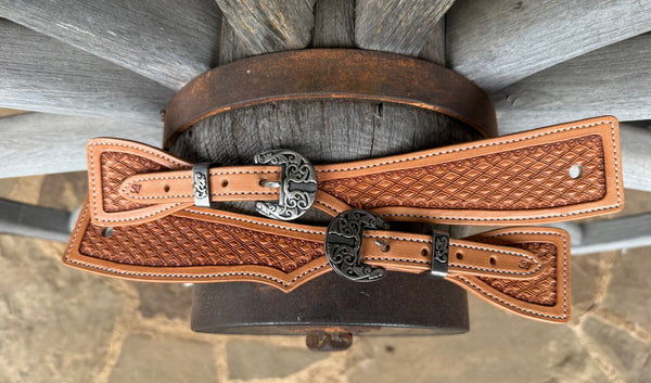 XXL - Jake Vance Natural Diamond Spur Straps - Square w/ Fancy Kerry Kelley Buckles