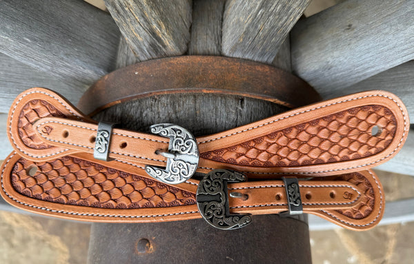 Large - Jake Vance Natural Dragon Scale Spur Straps - Tear Drop w/ Fancy Kerry Kelly Buckles