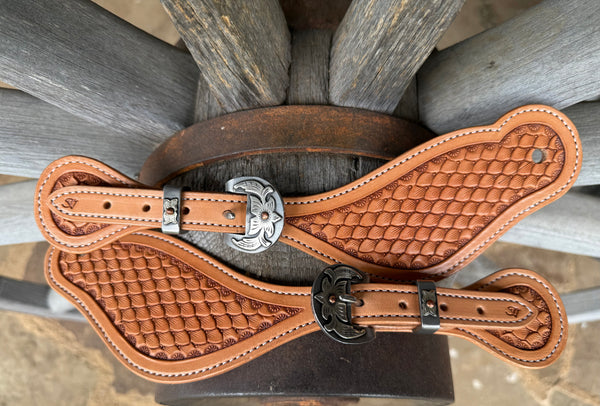 XL - Jake Vance Natural Dragon Scale Spur Straps - Curved w/ Kerry Kelley Buckles