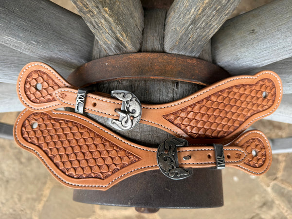 Large - Jake Vance Natural Dragon Scale Spur Straps - Bowed w/ Kerry Kelley Buckles