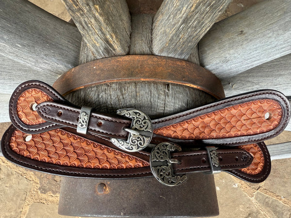 Large - Jake Vance Chocolate and Natural Seashell Spur Straps - Tear drop w/ Kerry Kelley Buckles
