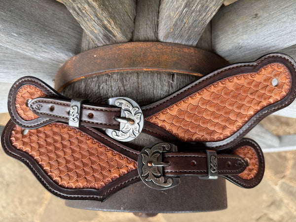 Large - Jake Vance Chocolate and Natural Seashell Spur Straps - Bowed w/ Kerry Kelley Buckles