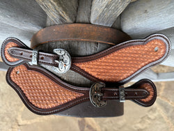 XL - Jake Vance Chocolate and Natural Diamond Spur Straps - Curved w/ Kerry Kelley Buckles