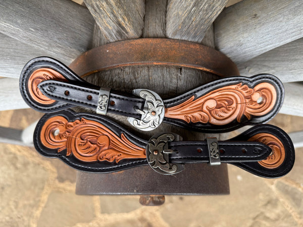 Medium - Jake Vance Black And Natural Spur Straps - Round w/ Kerry Kelley Buckles