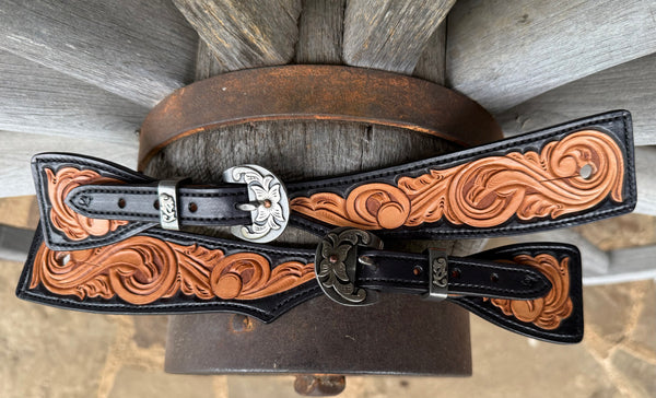 XXL - Jake Vance Black and Natural Scroll Spur Straps - Square w/ Kerry Kelley Buckles