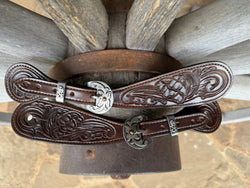 Large - Jake Vance Chocolate Flower Spur Straps - Tear Drop w/ Kerry Kelley Buckles