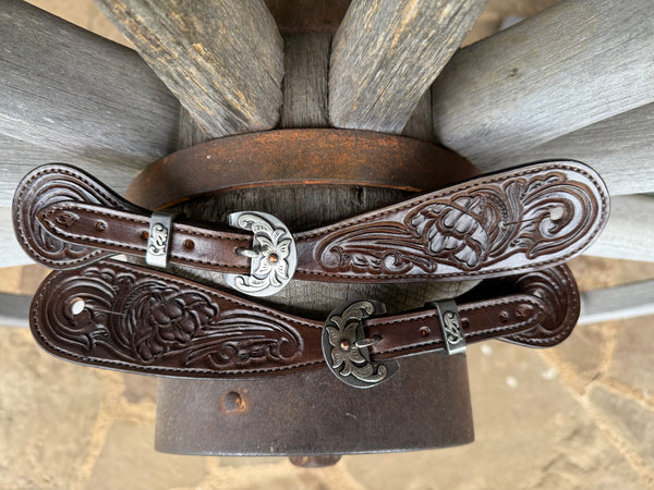 Large - Jake Vance Chocolate Flower Spur Straps - Tear Drop w/ Kerry Kelley Buckles