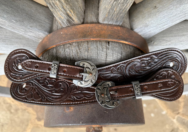 Large - Jake Vance Chocolate Scroll Tooled Spur Straps - Tear Drop w/ Kerry Kelley Buckles
