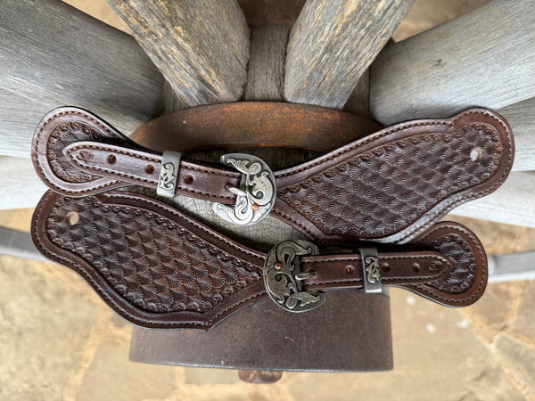 Large - Jake Vance Chocolate Seashell Spur Straps - Bowed w/ Kerry Kelley Buckles