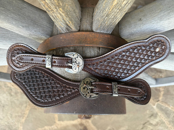 XL - Jake Vance Chocolate Seashell Spur Straps - Curved w/ Kerry Kelley Buckles