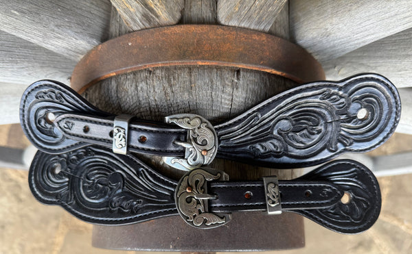 Medium - Jake Vance Black Floral Spur Straps - Round w/ Kerry Kelley Buckles
